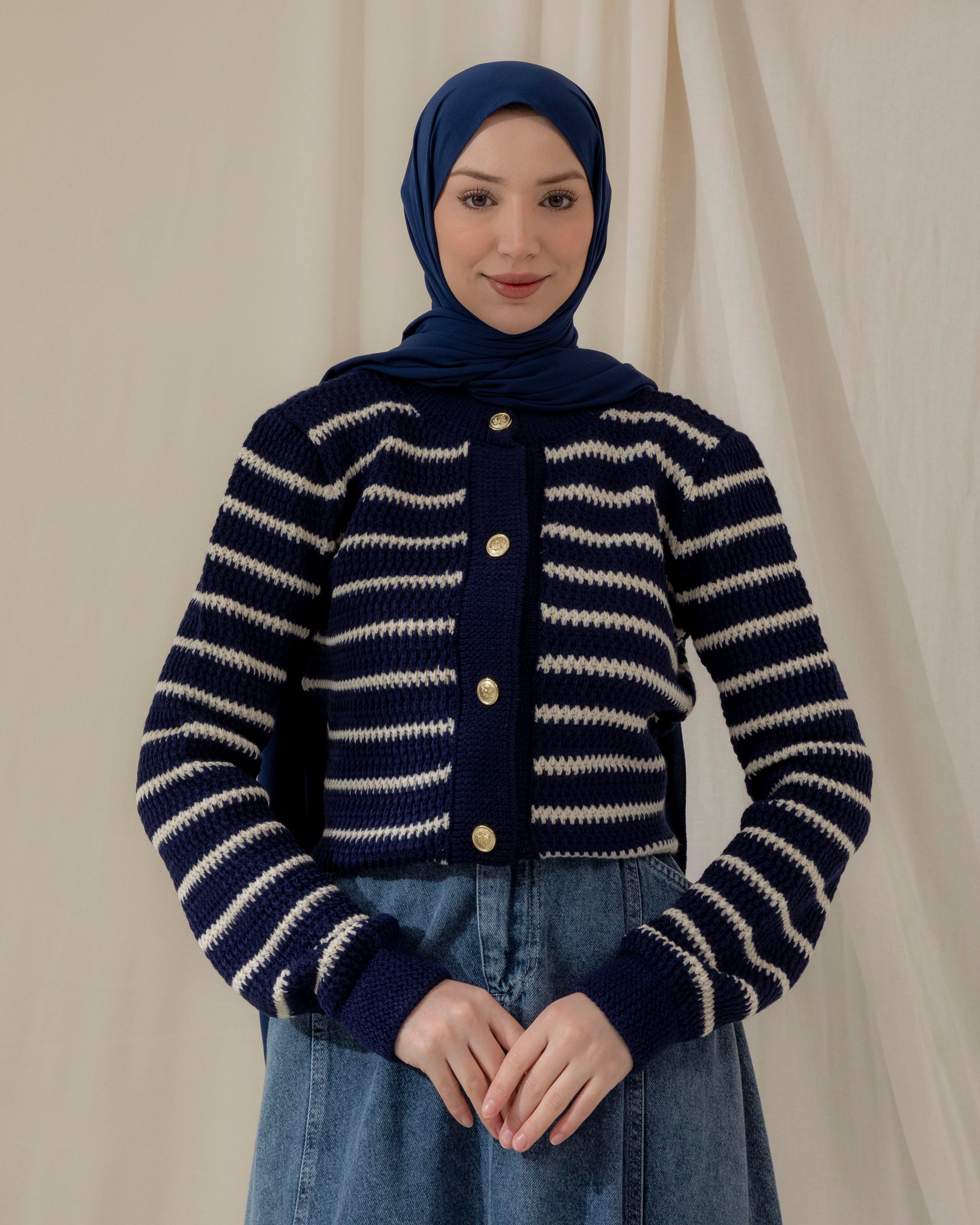 Şeritli Lacivert Triko Hırka