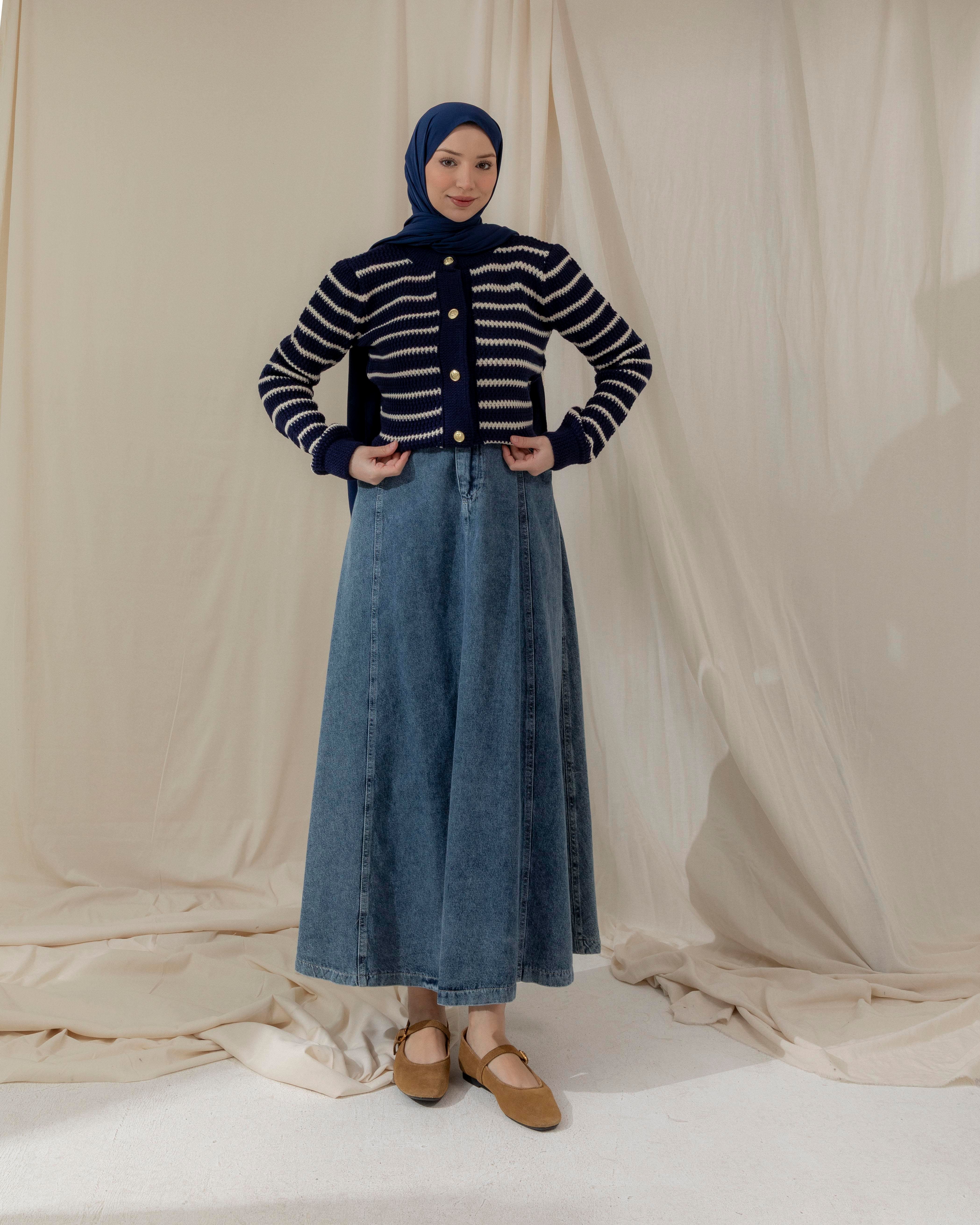 Şeritli Lacivert Triko Hırka