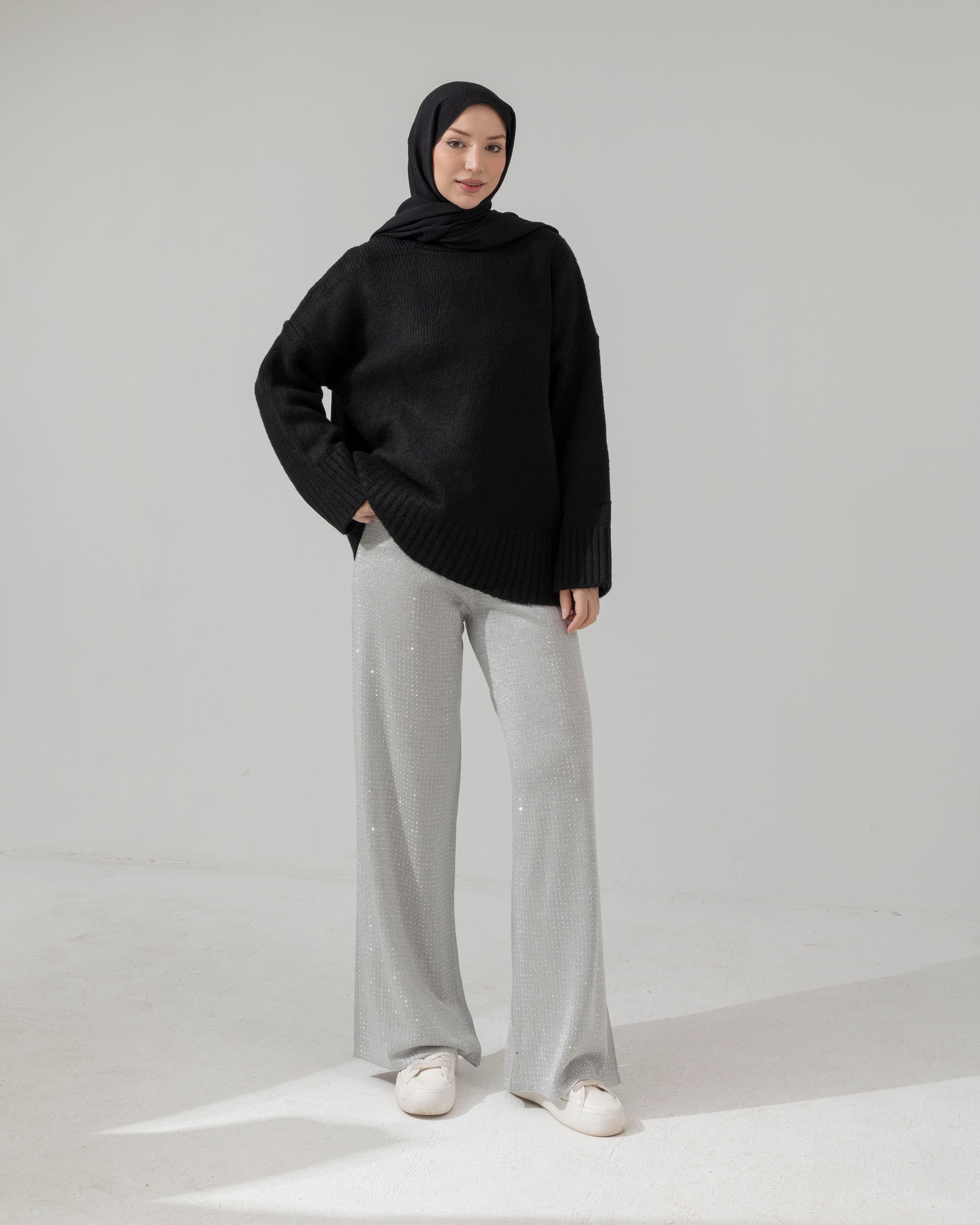 Taşlı Gri Triko Pantolon