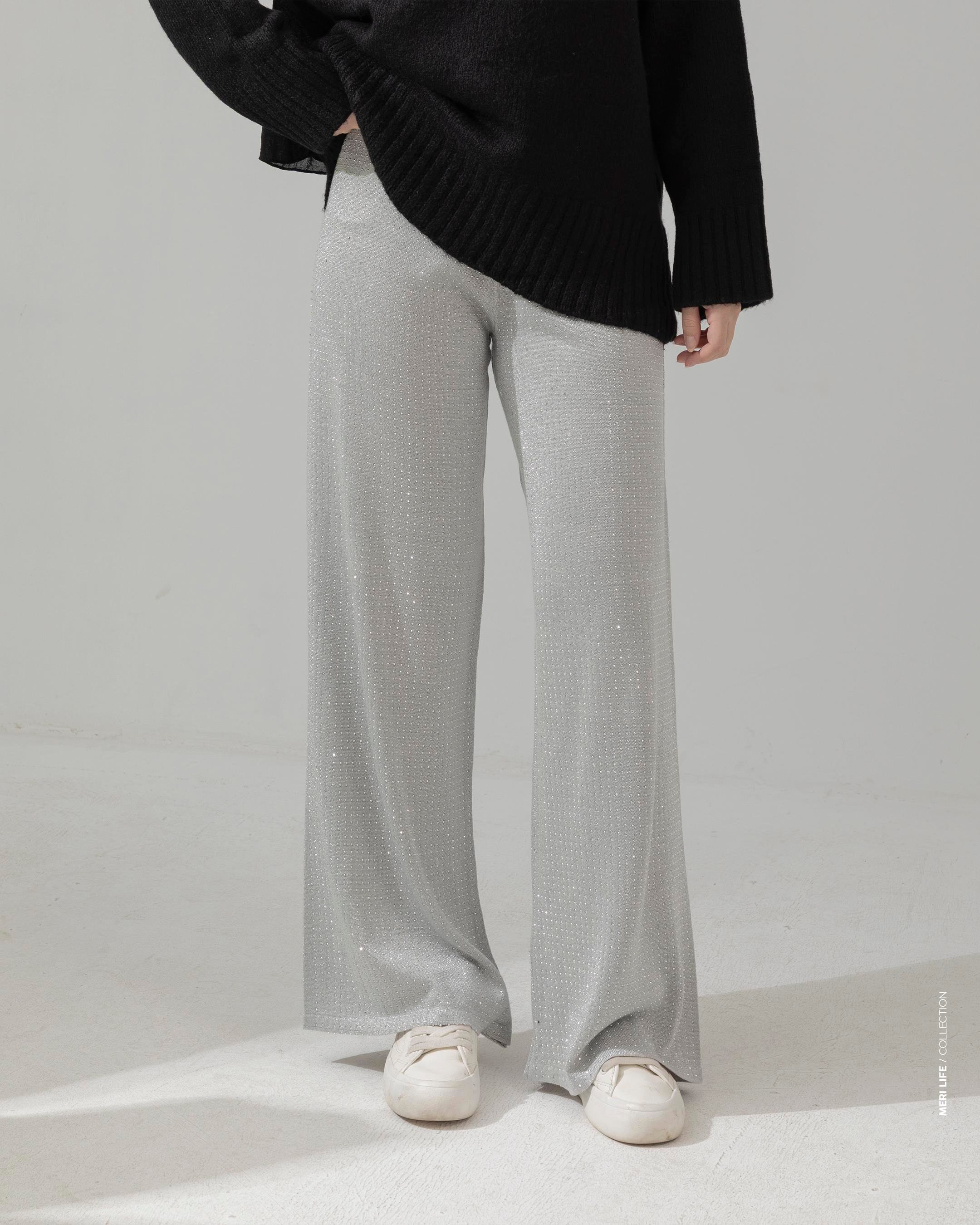 Taşlı Gri Triko Pantolon