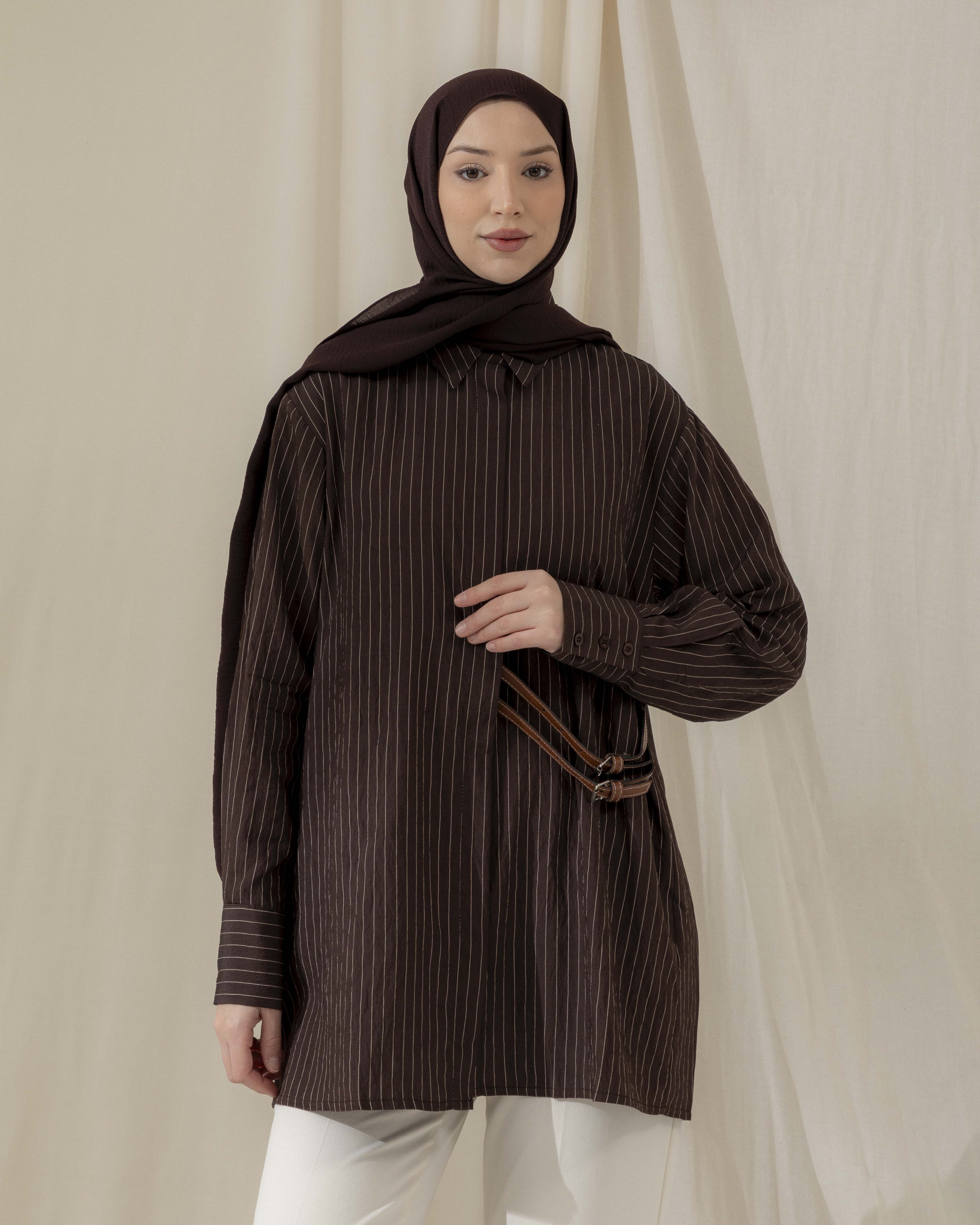 Tokalı Çizgili Kahve Gömlek