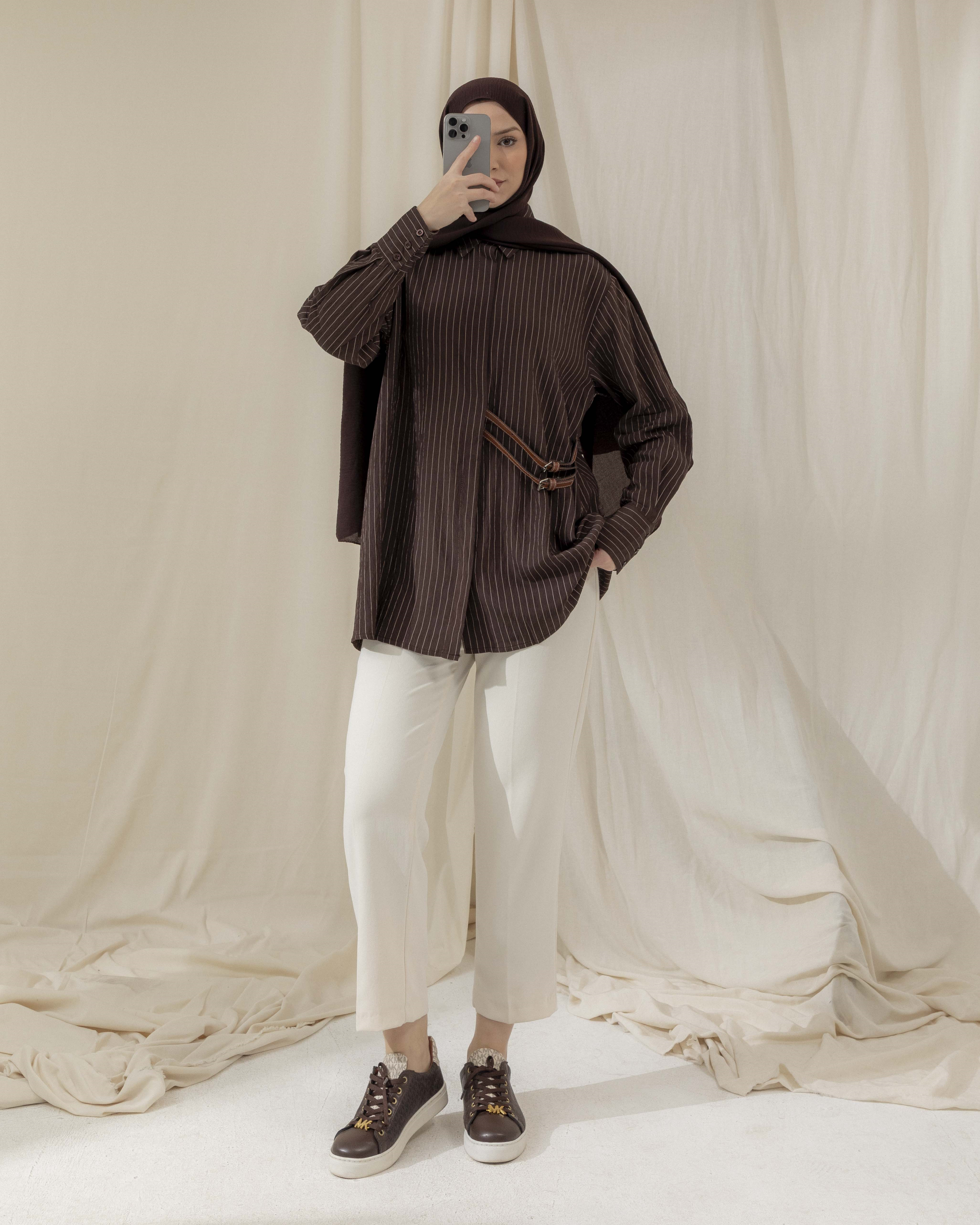 Tokalı Çizgili Kahve Gömlek