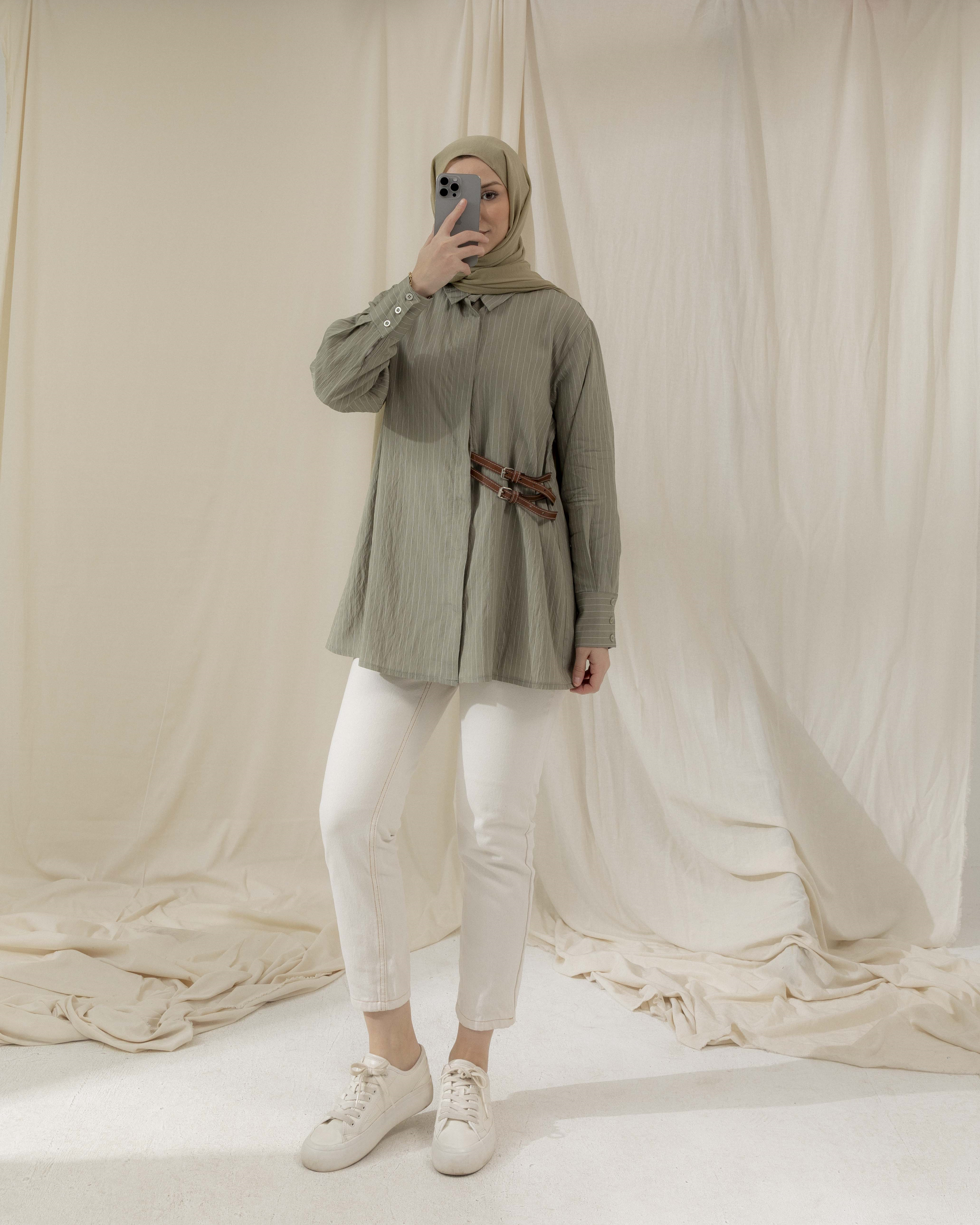 Tokalı Çizgili Su Yeşili Gömlek