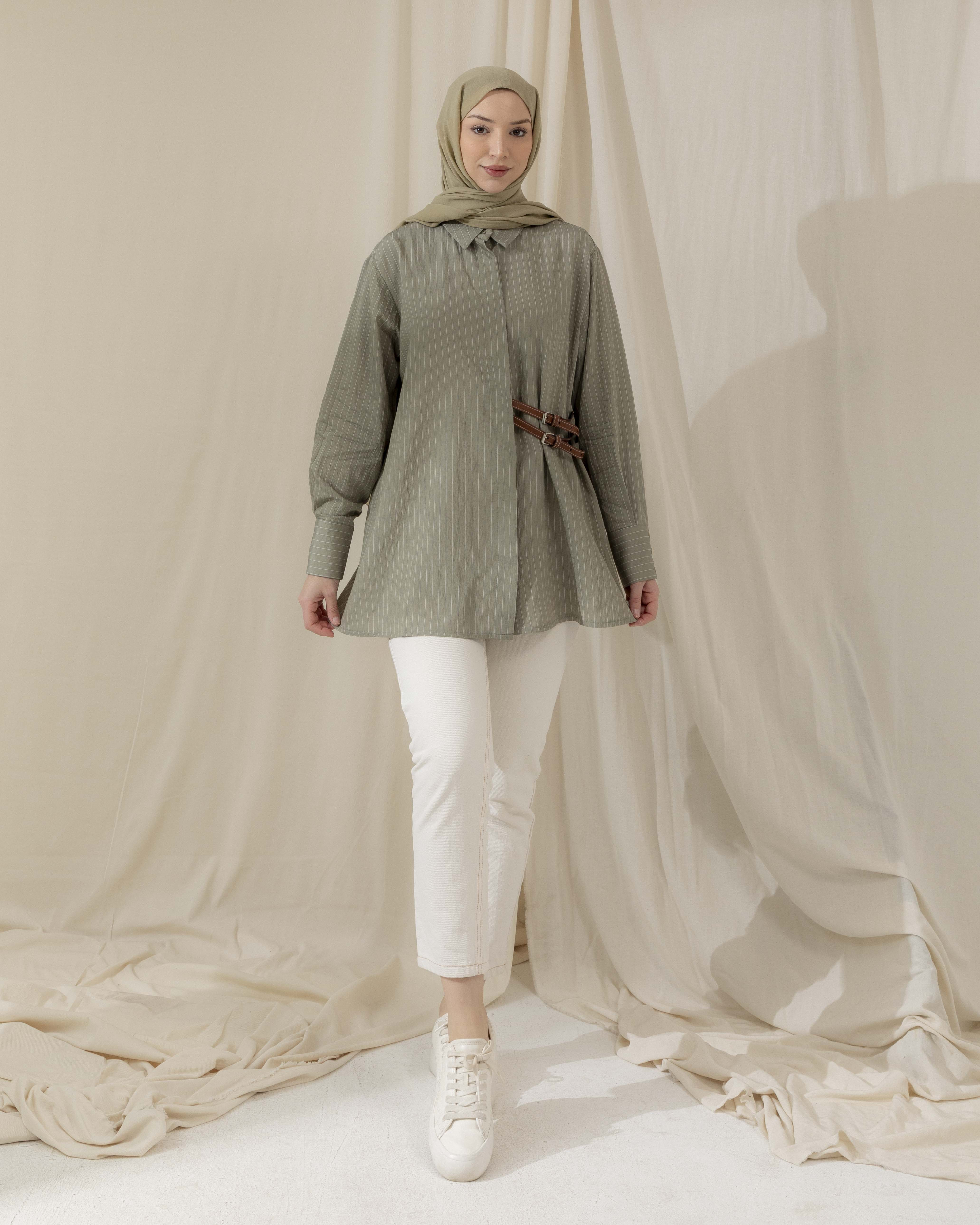 Tokalı Çizgili Su Yeşili Gömlek