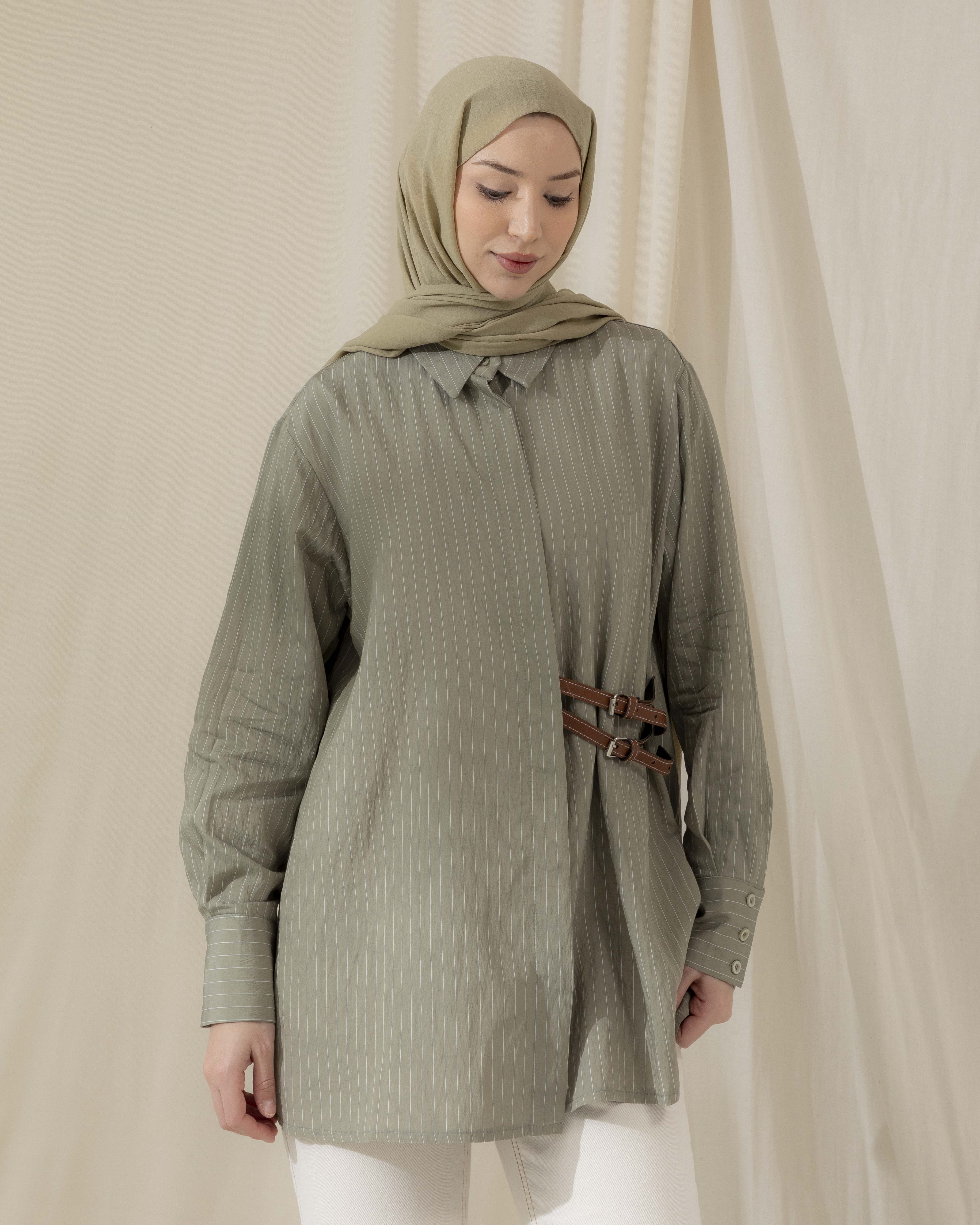 Tokalı Çizgili Su Yeşili Gömlek