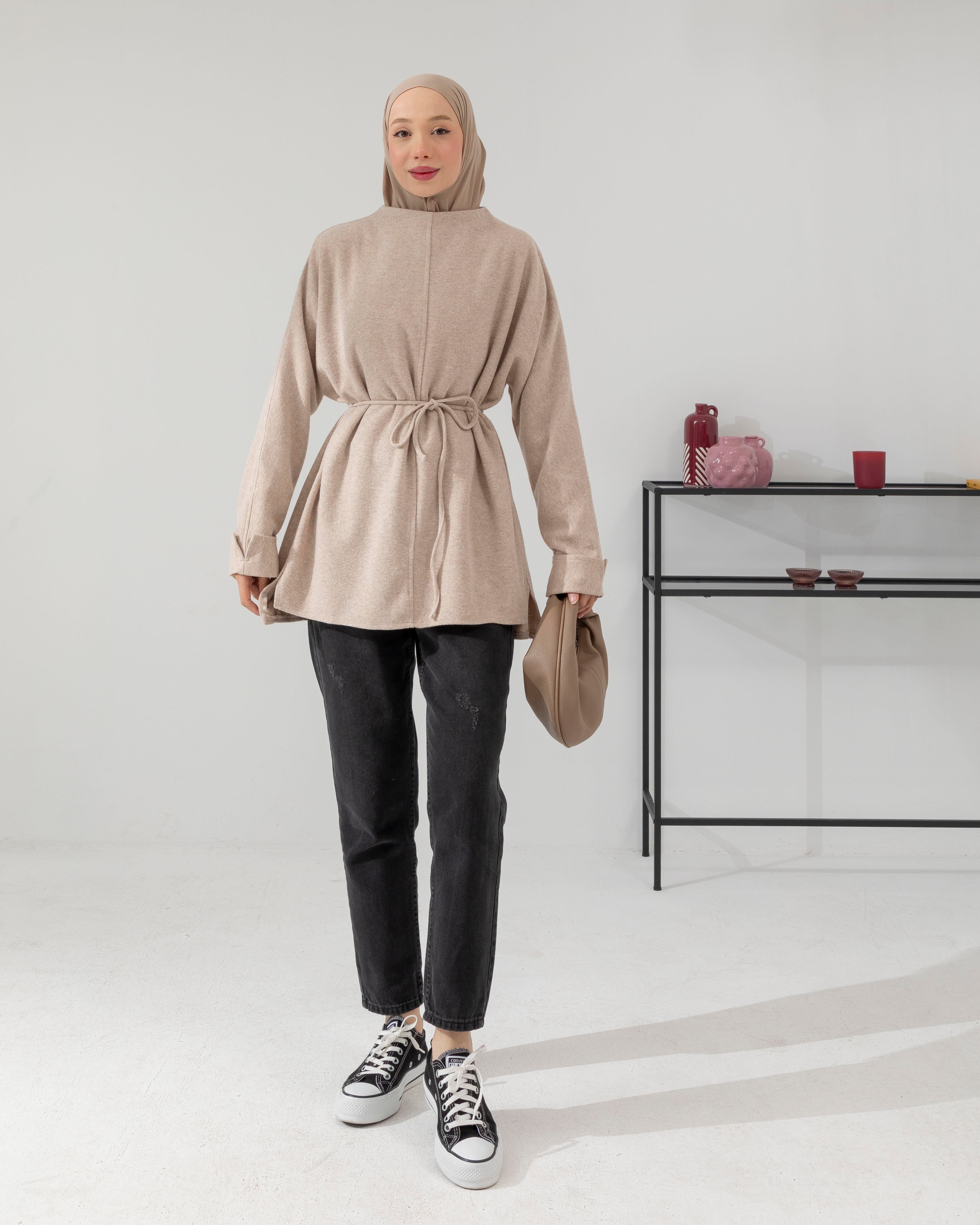 Yan Yırtmaçlı Bej Tunik