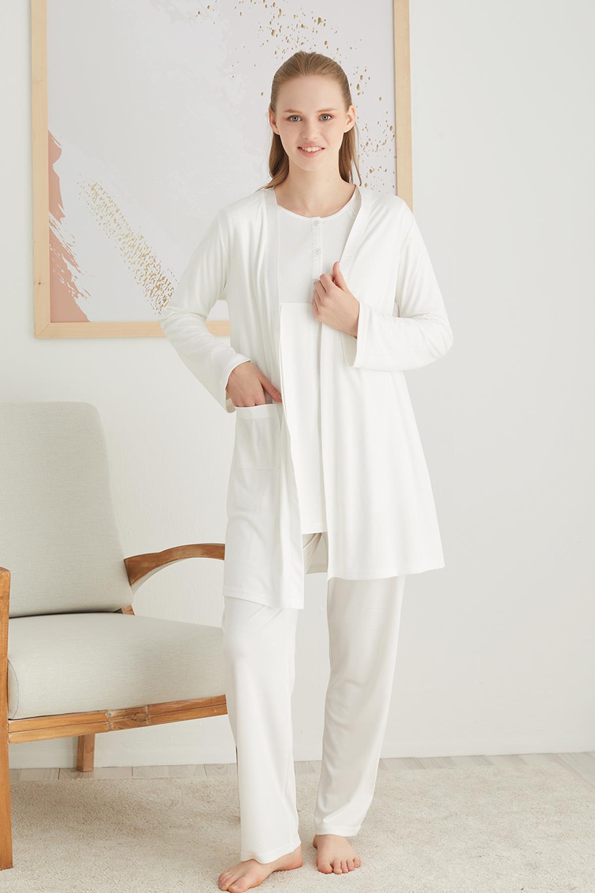 2827 Ekru Dantel Sabahlıklı Lohusa Pijama Takımı