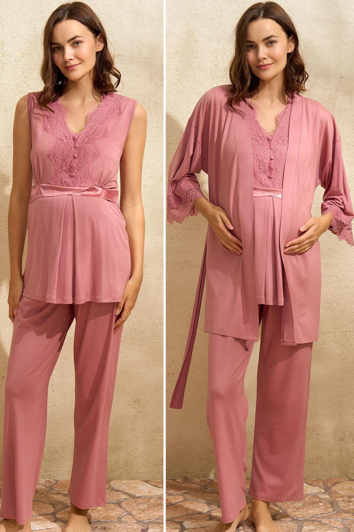 Anıl 5771 Gülkurusu Dantel Detaylı Sabahlıklı Lohusa Pijama Takımı