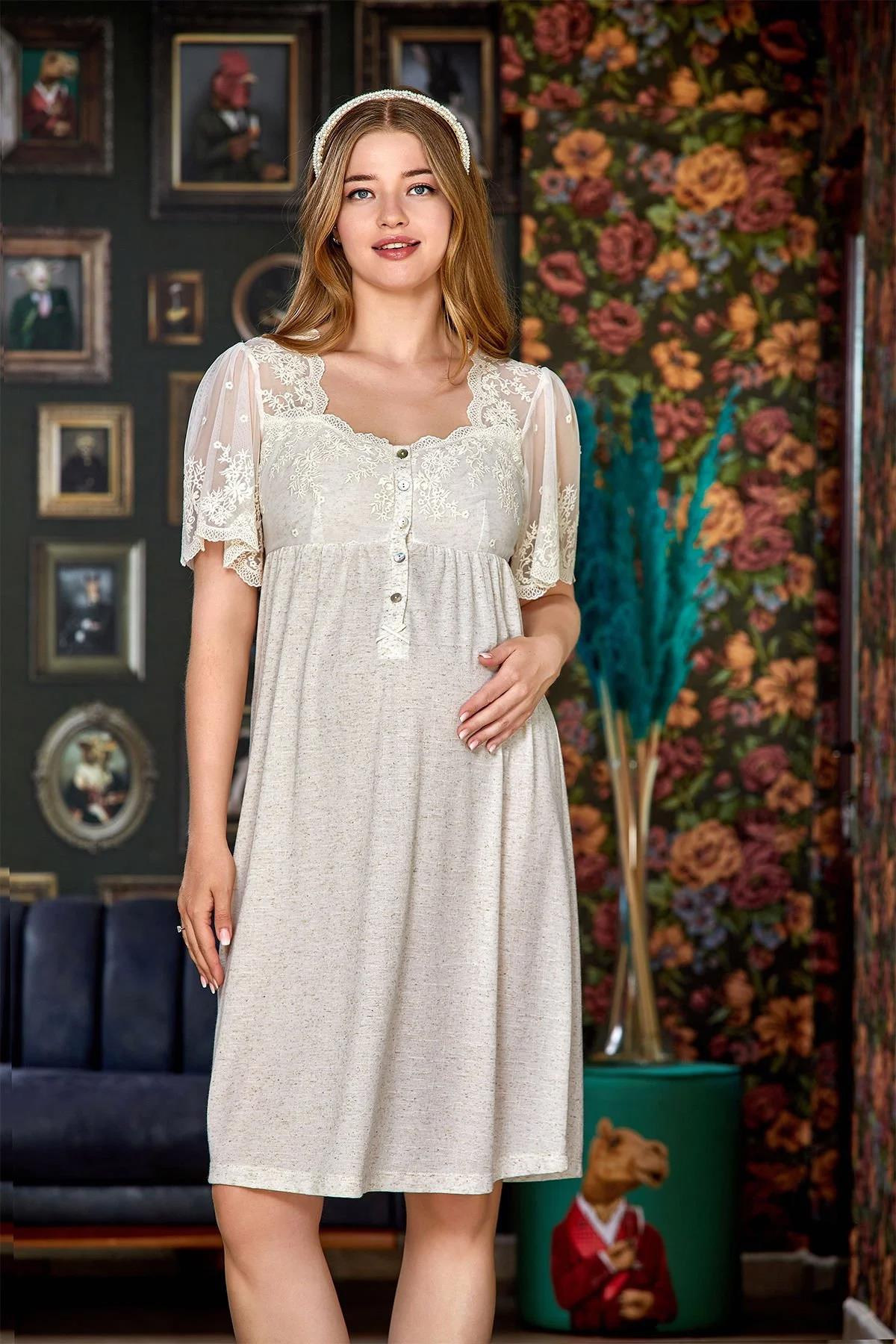 Aqua 24081 Dantel Detaylı Keten Lohusa Hamile Gecelik