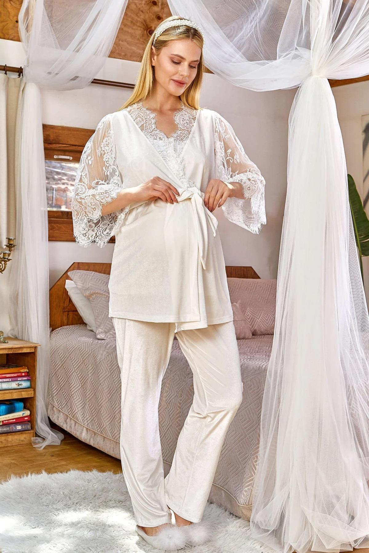 Aqua 24161 Ekru Kadife Sabahlıklı Lohusa Pijama Takımı