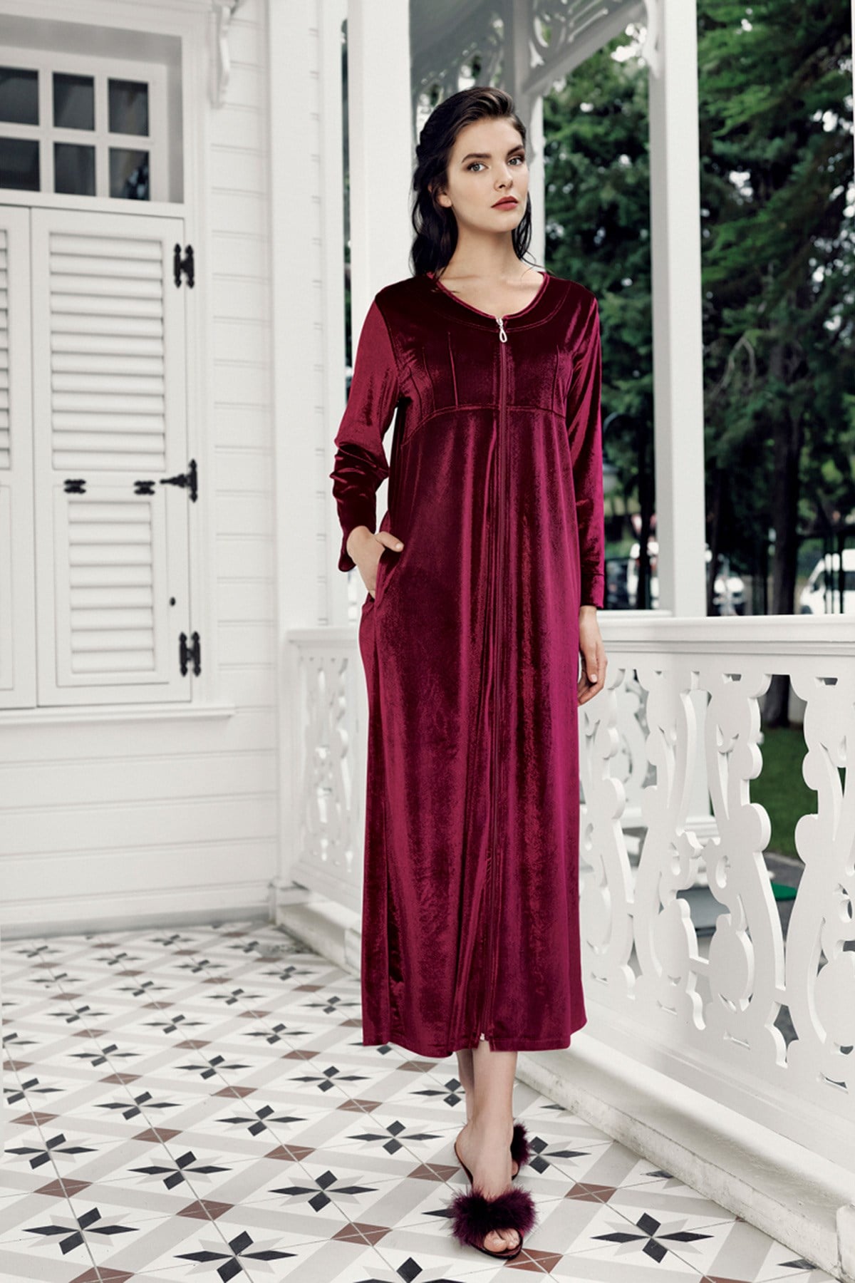 Artış 7114 Kadife Fermuarlı Bordo Lohusa Gecelik Takımı