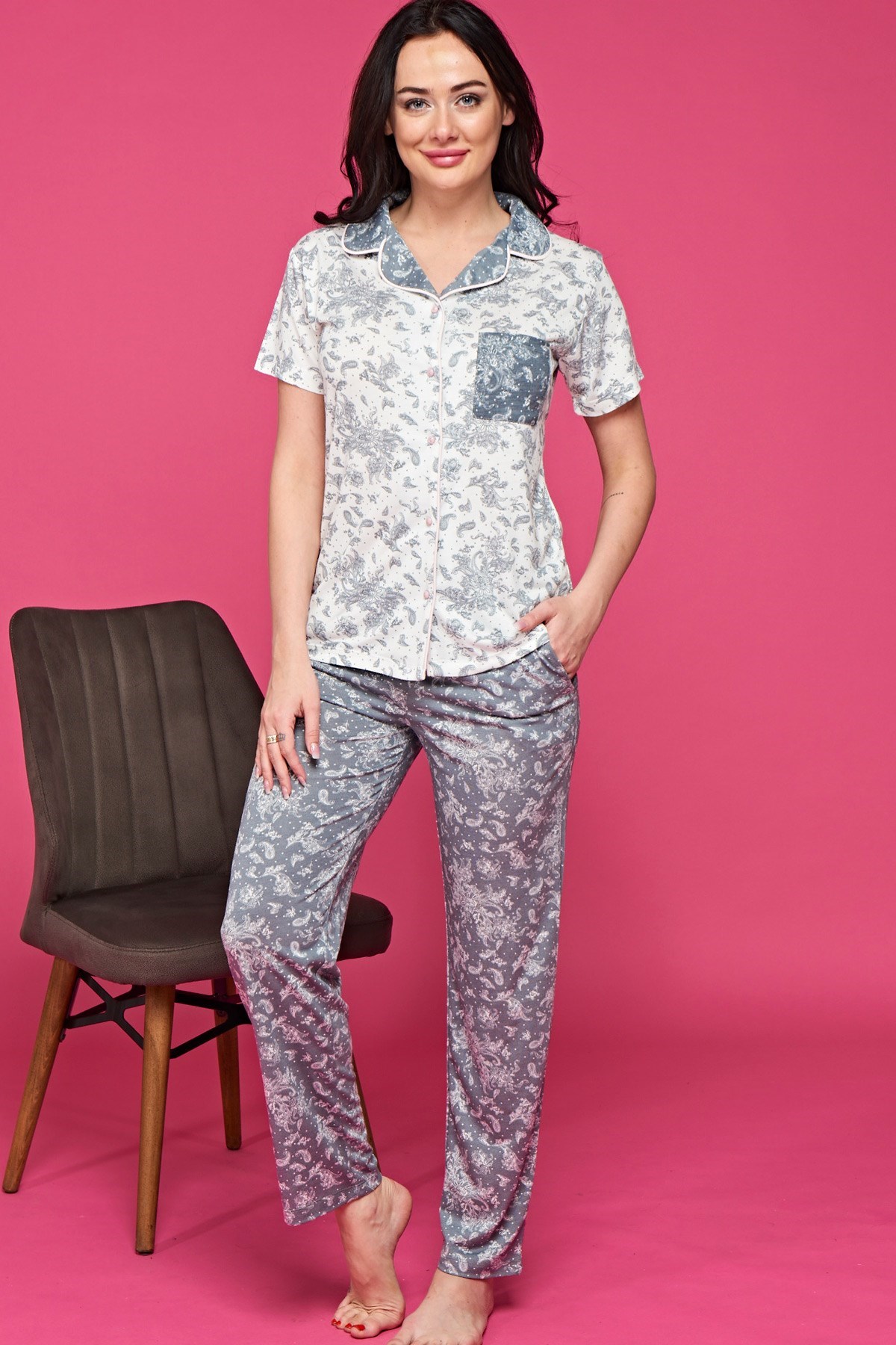 Bambaşka BB46012 Yaprak Desenli Önden Düğmeli Lohusa Pijama Takımı
