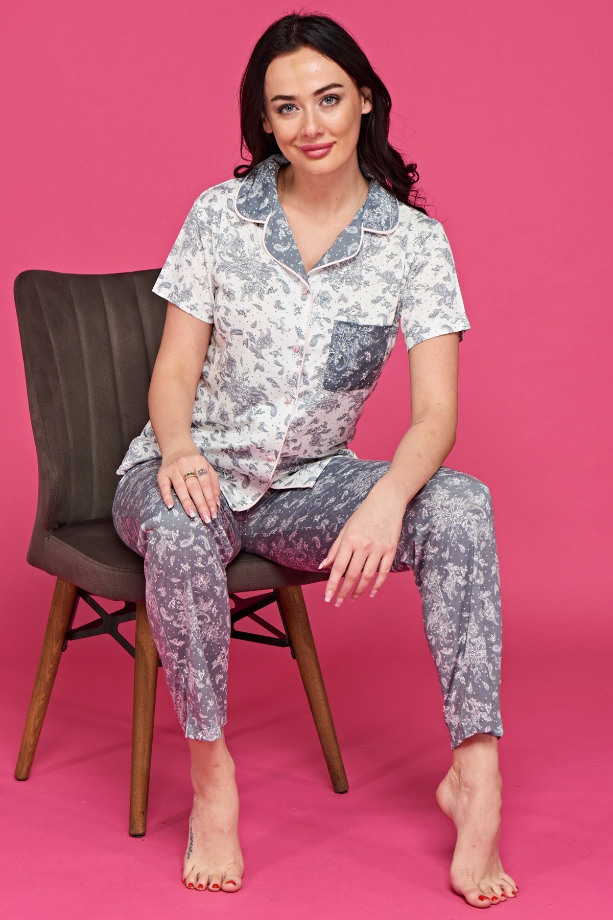 Bambaşka BB46012 Yaprak Desenli Önden Düğmeli Lohusa Pijama Takımı