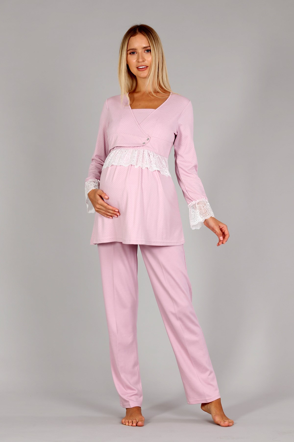 Bone 5315 Puan Detaylı Dantel Sabahlıklı Hamile Lohusa Pijama Takımı