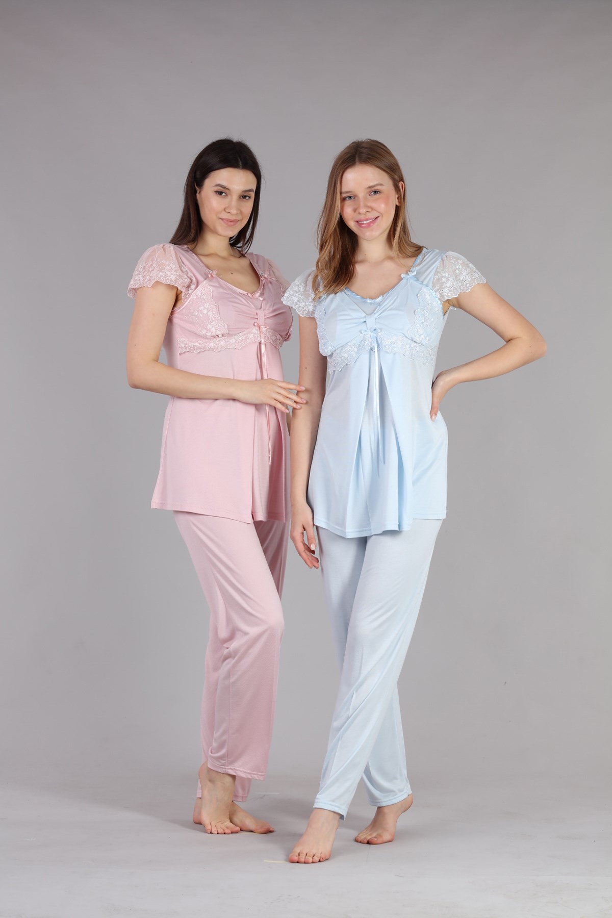 Bone 5401 Çizgi Geçişli Dantel Sabahlıklı Lohusa Pijama Takımı