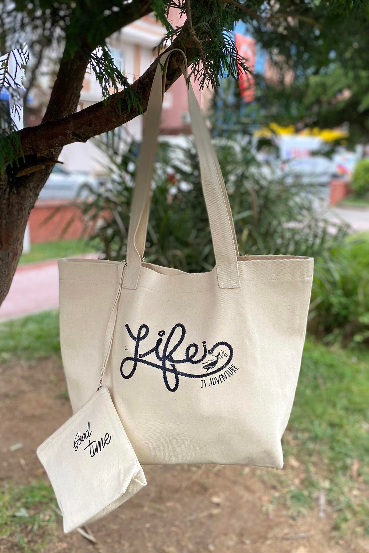 Busa Cüzdanlı Ham Kumaş Tote Bez Çanta Bej