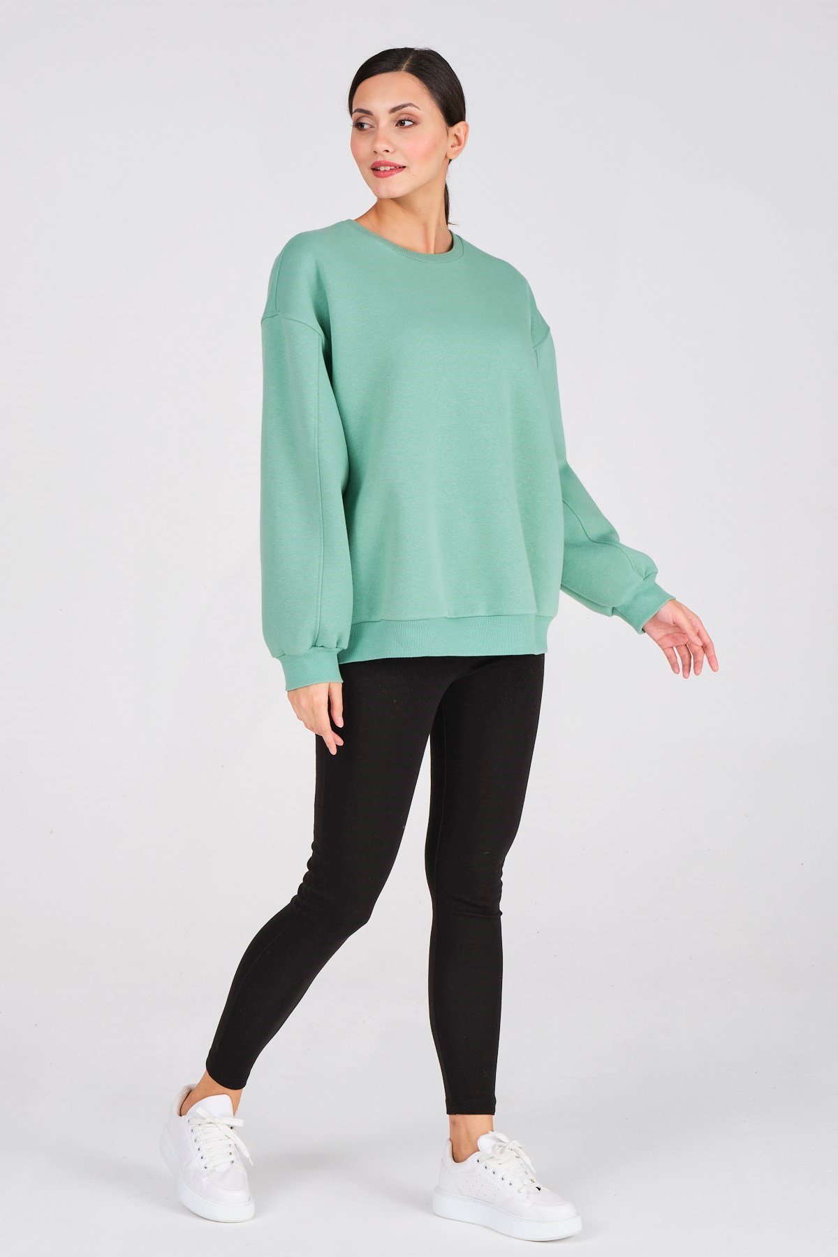 Busa Giyim Basic Oversize Termal Sweatshirt Mintyeşili