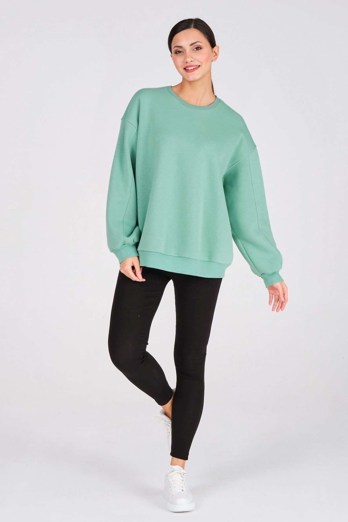 Busa Giyim Basic Oversize Termal Sweatshirt Mintyeşili