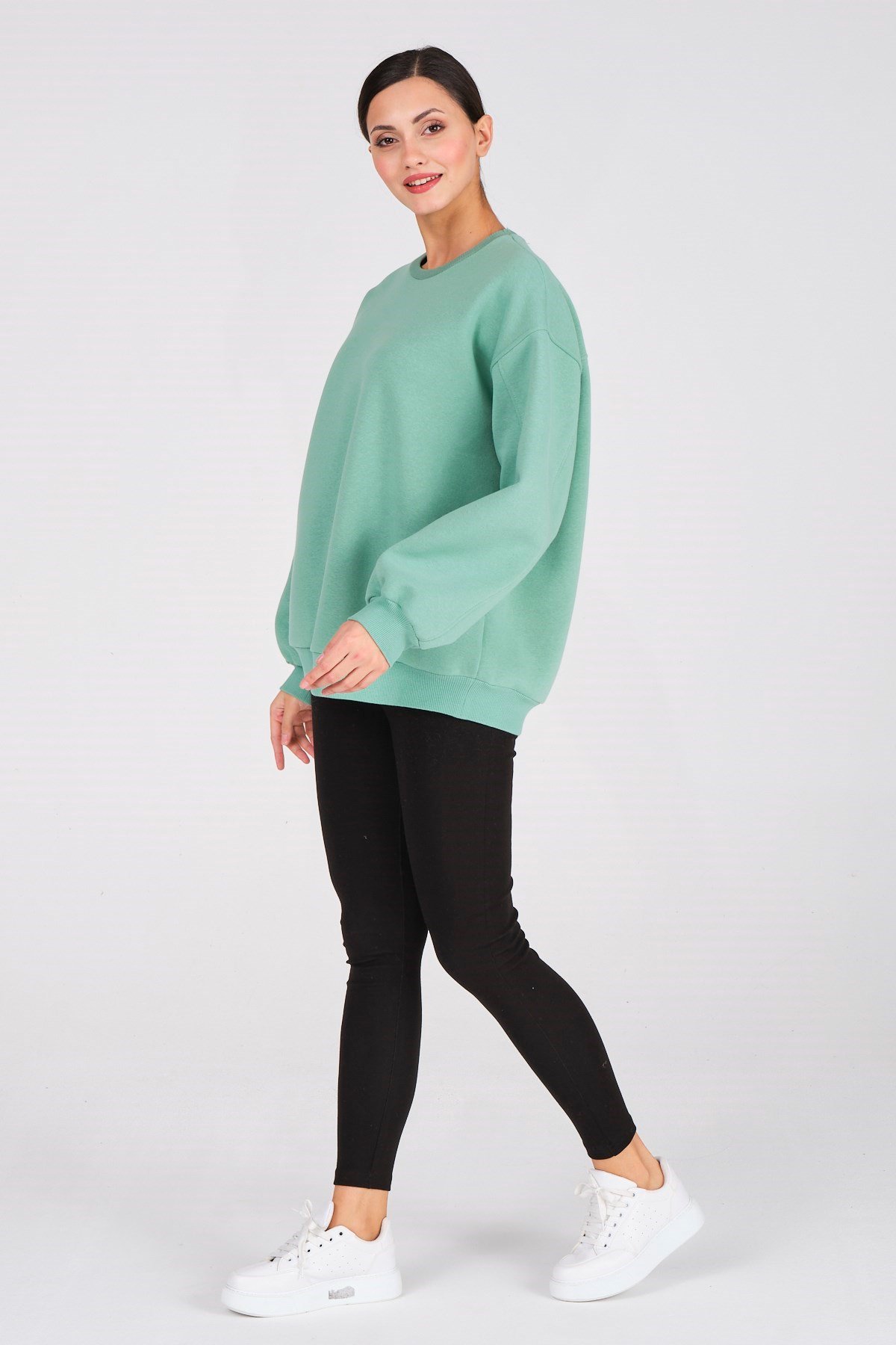Busa Giyim Basic Oversize Termal Sweatshirt Mintyeşili