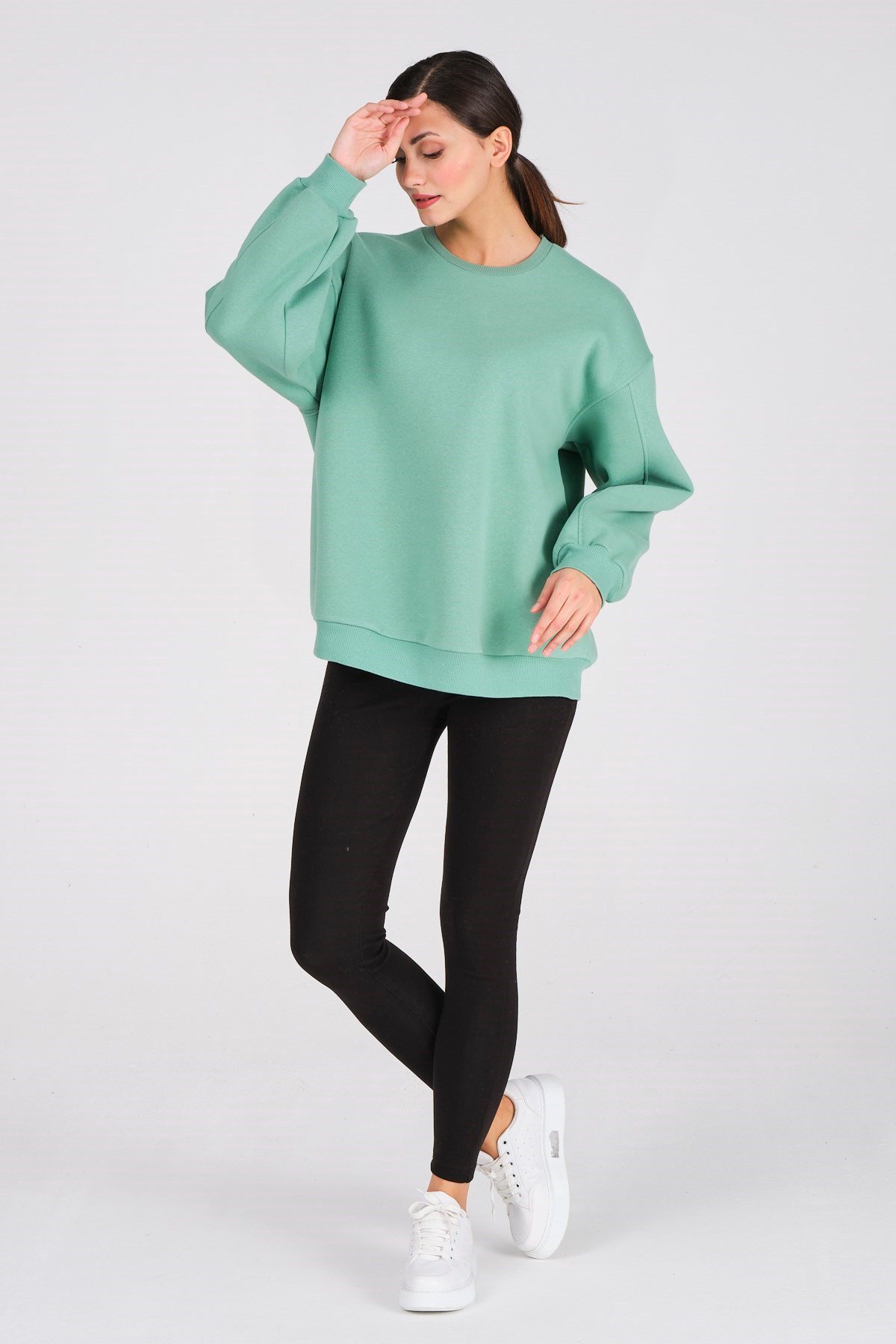 Busa Giyim Basic Oversize Termal Sweatshirt Mintyeşili