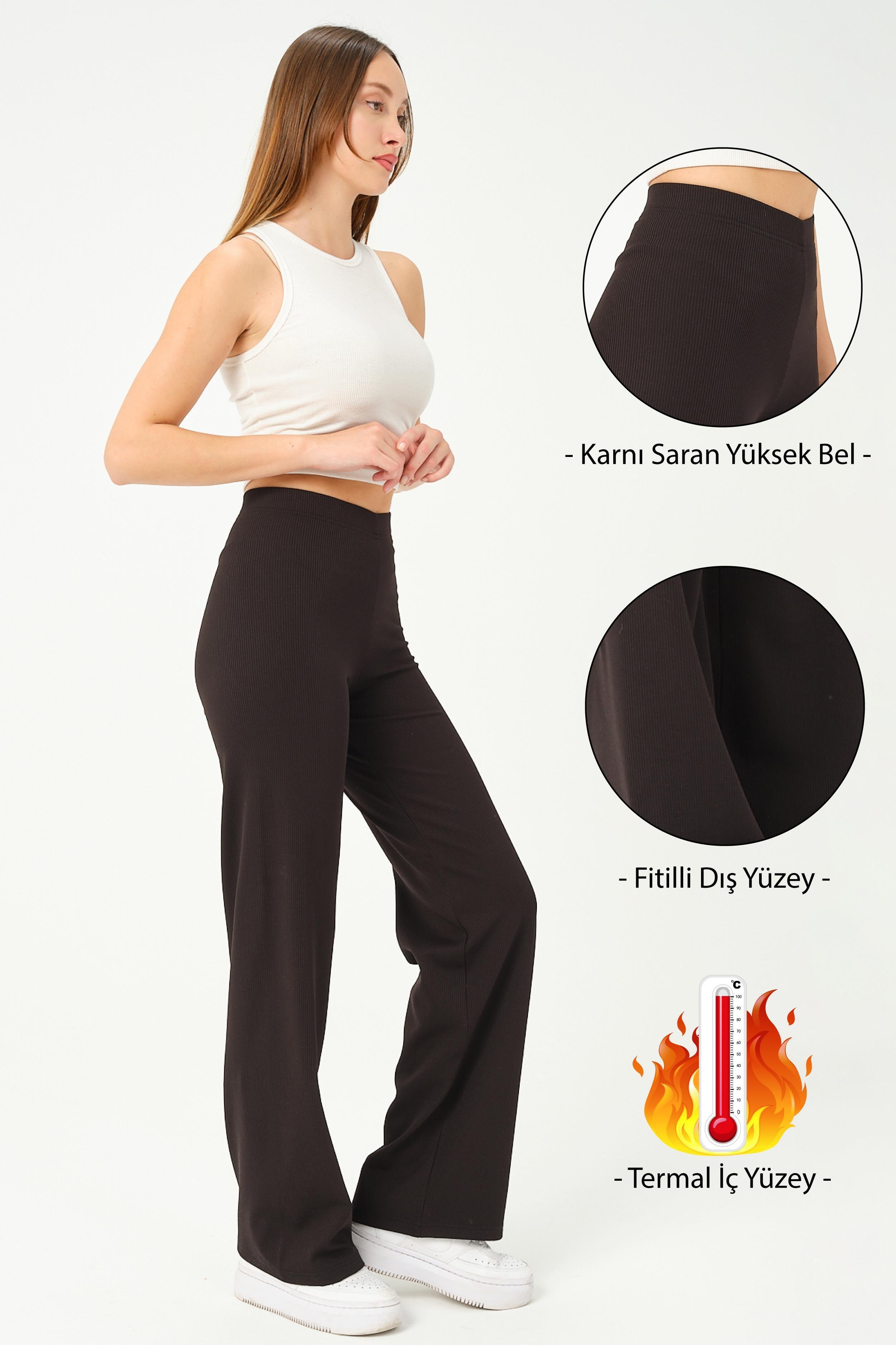 Busa Giyim İçi Polarlı Termal Fitilli Bol Paça Eşofman Altı Tam Boy Yüksek Bel Siyah