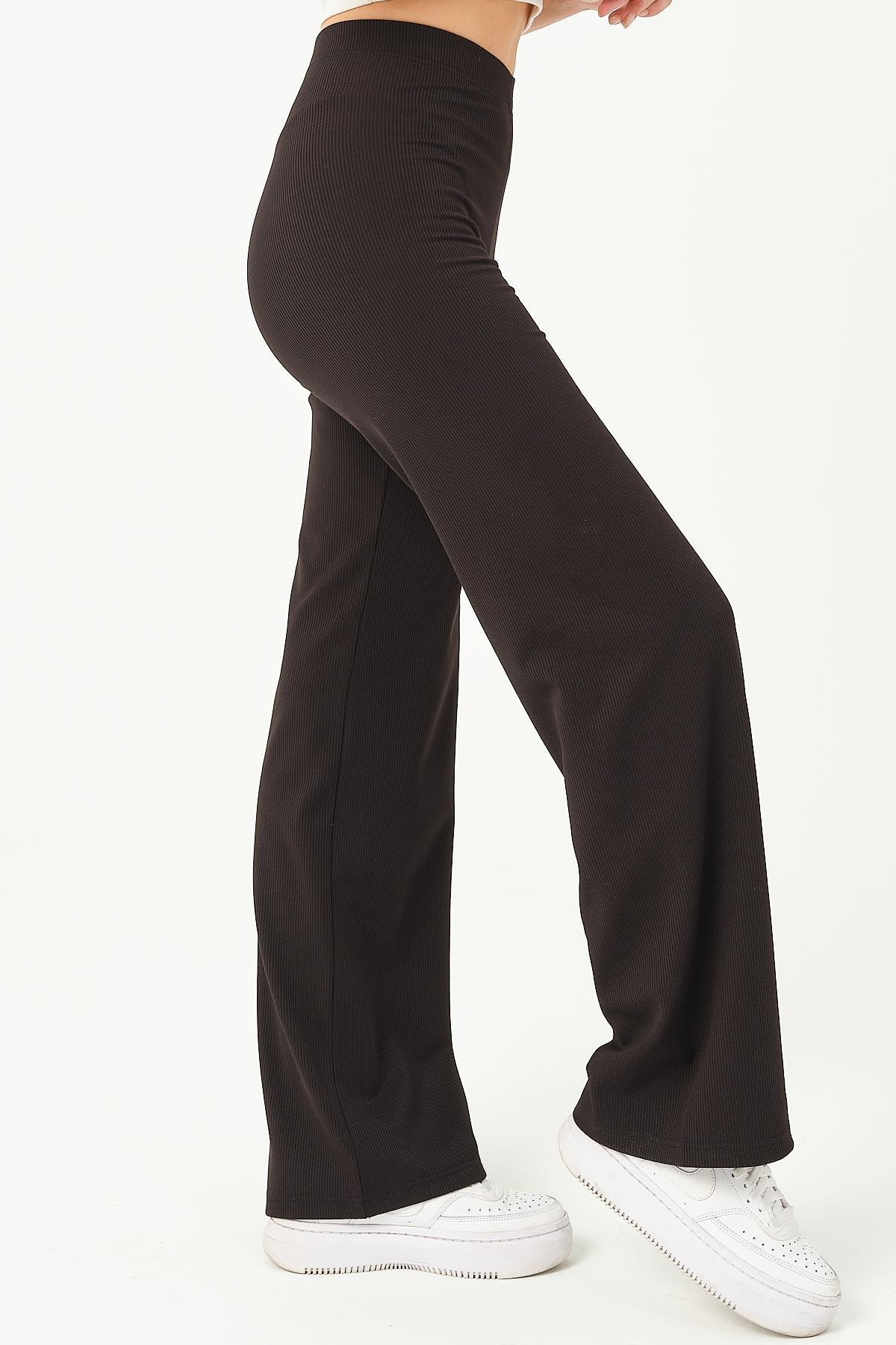 Busa Giyim İçi Polarlı Termal Fitilli Bol Paça Eşofman Altı Tam Boy Yüksek Bel Siyah