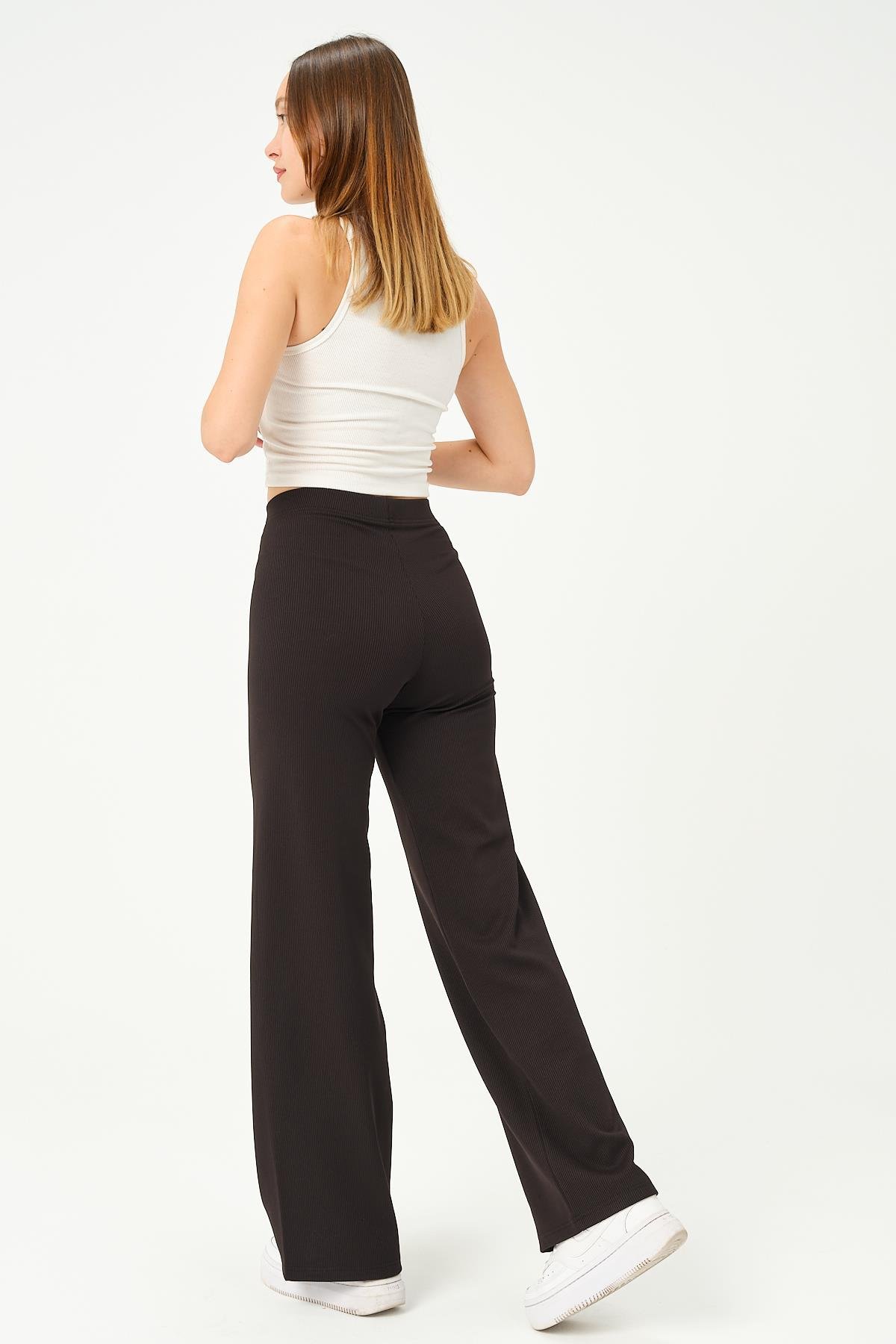 Busa Giyim İçi Polarlı Termal Fitilli Bol Paça Eşofman Altı Tam Boy Yüksek Bel Siyah