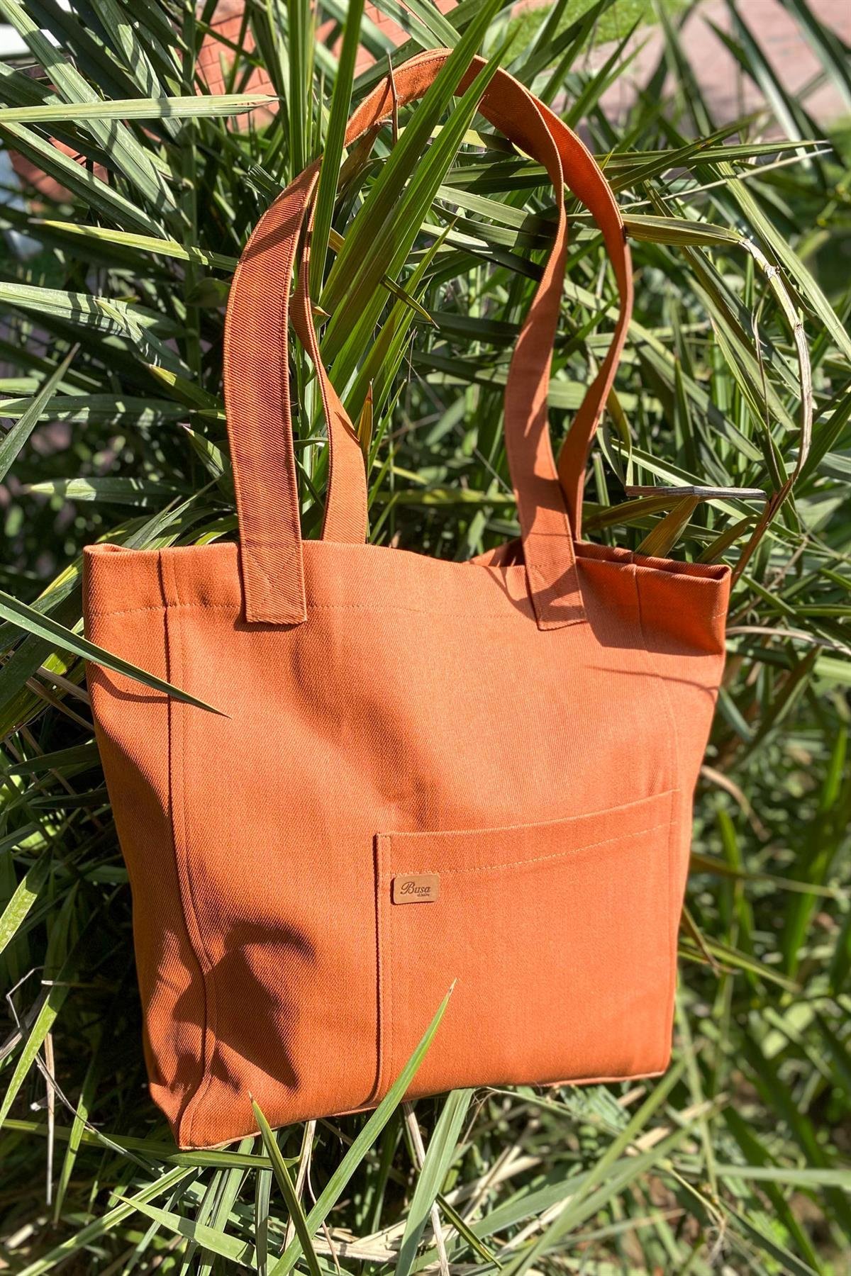 Busa Ham Kumaş Önden Cepli Tote Omuz Çantası Turuncu