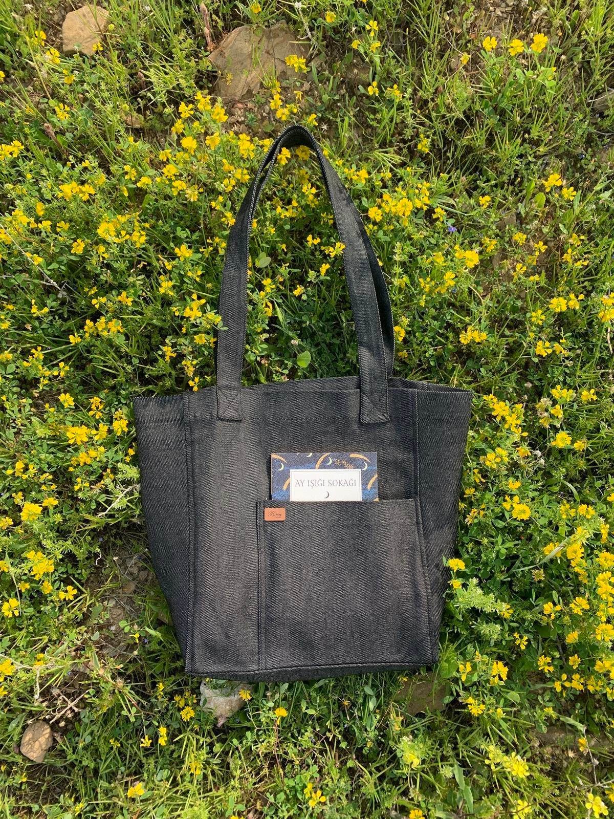 Busa Ham Kumaş Önden Cepli Tote Omuz Çantası Antrasit