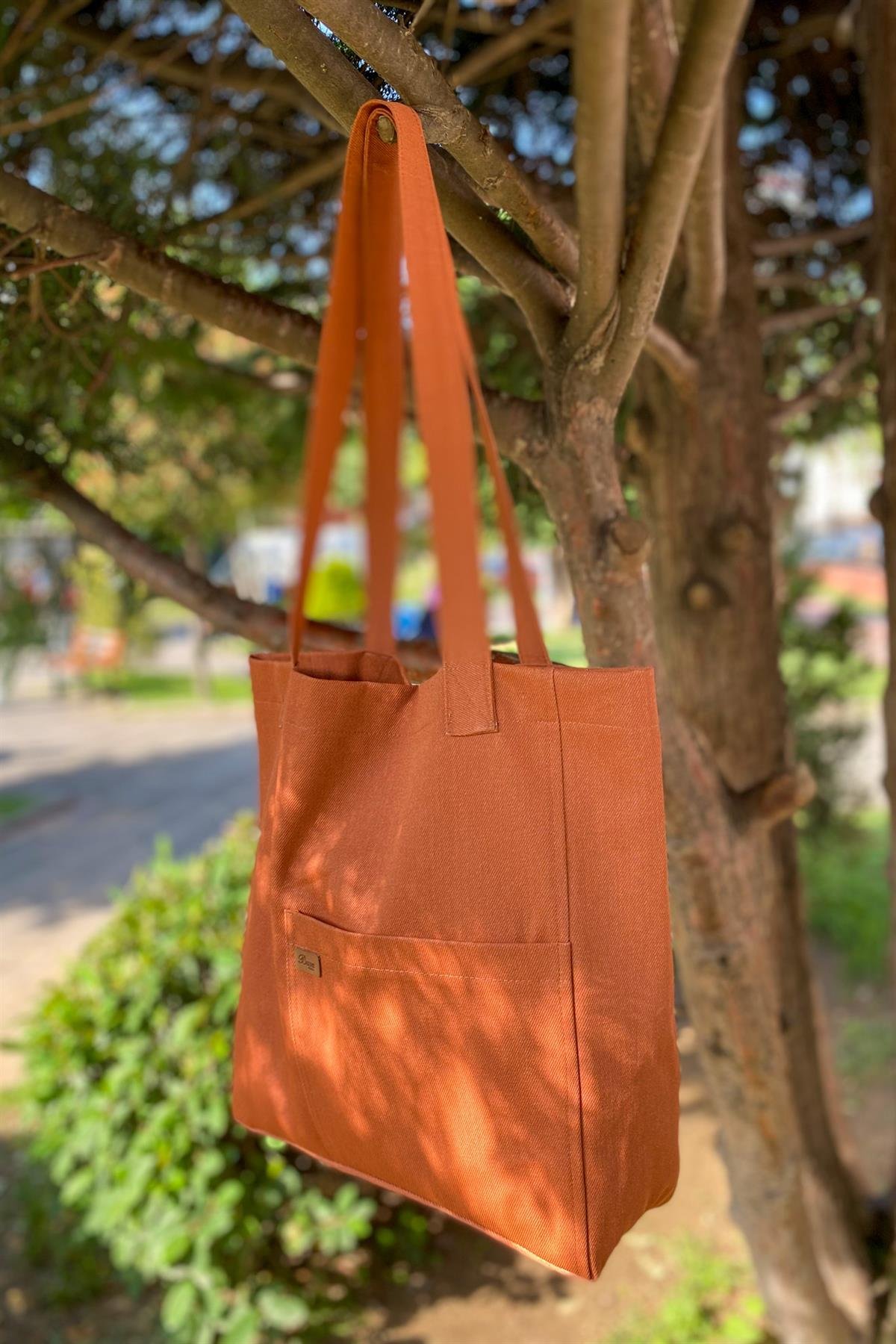 Busa Ham Kumaş Önden Cepli Tote Omuz Çantası Turuncu