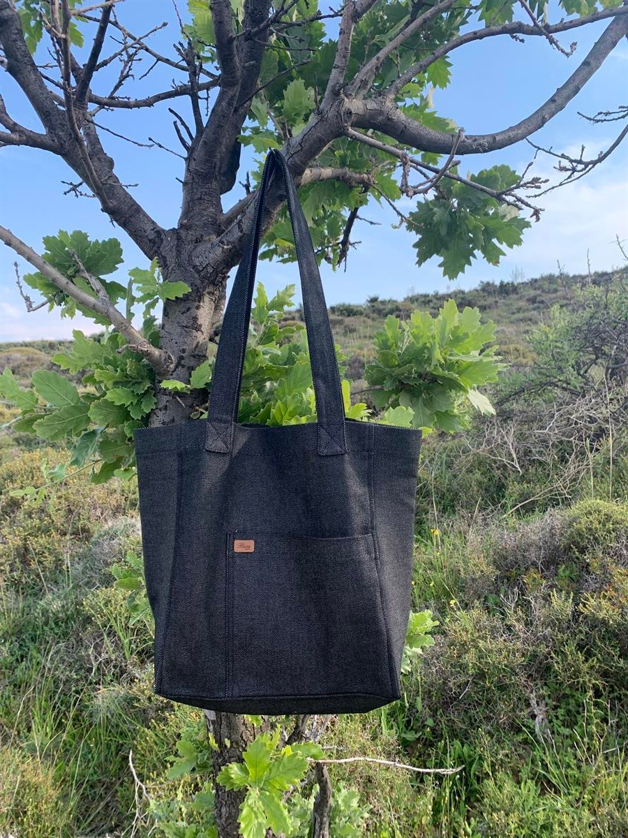 Busa Ham Kumaş Önden Cepli Tote Omuz Çantası Antrasit