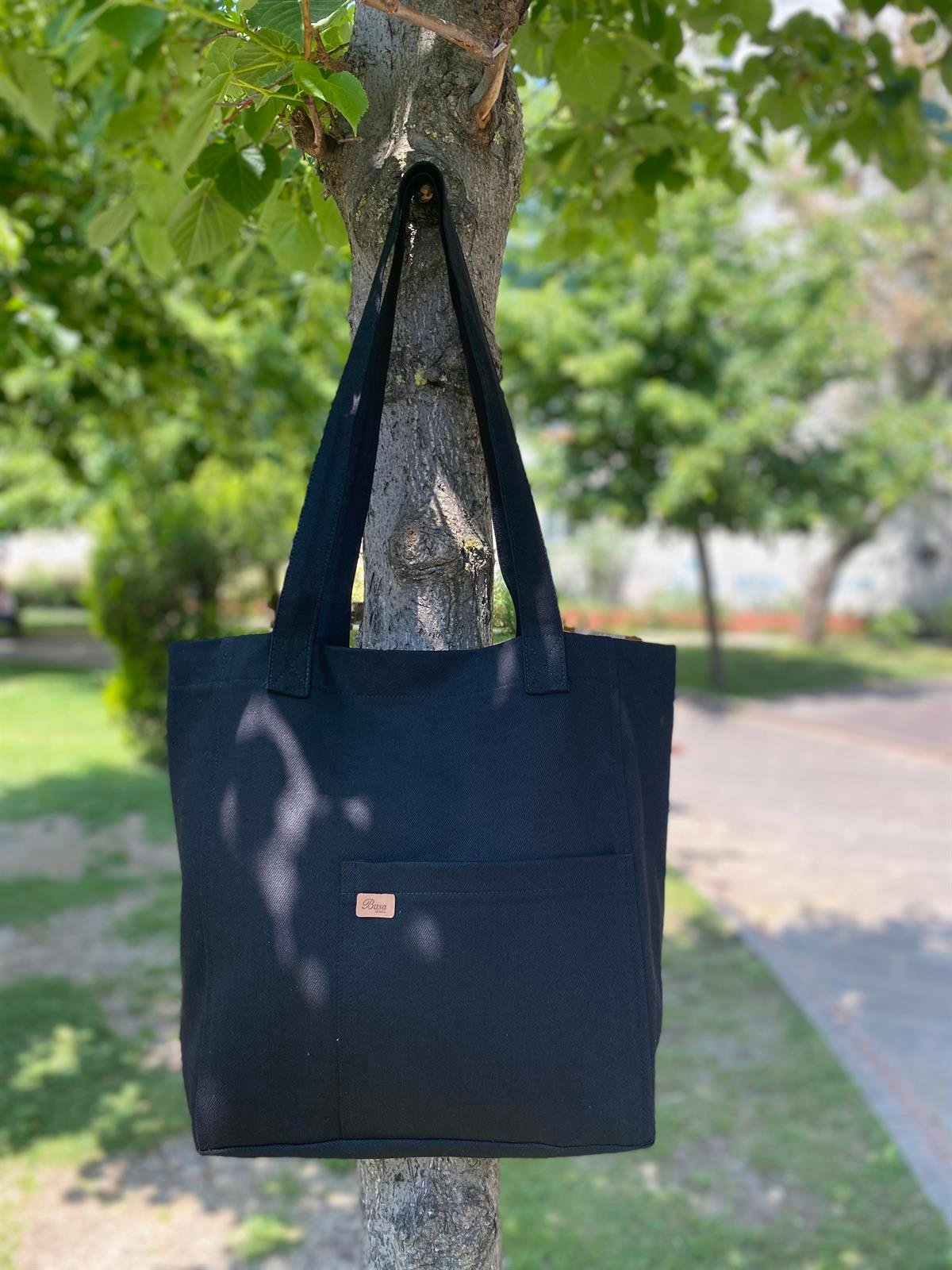 Busa Ham Kumaş Önden Cepli Tote Omuz Çantası Siyah