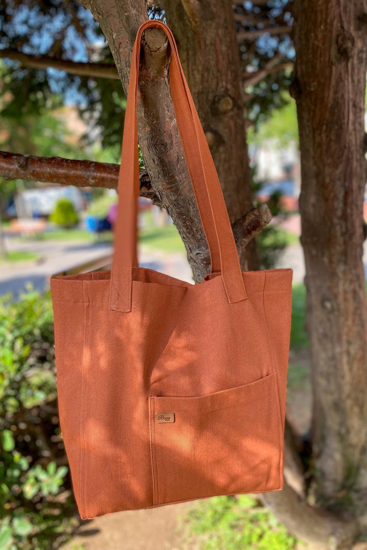 Busa Ham Kumaş Önden Cepli Tote Omuz Çantası Turuncu