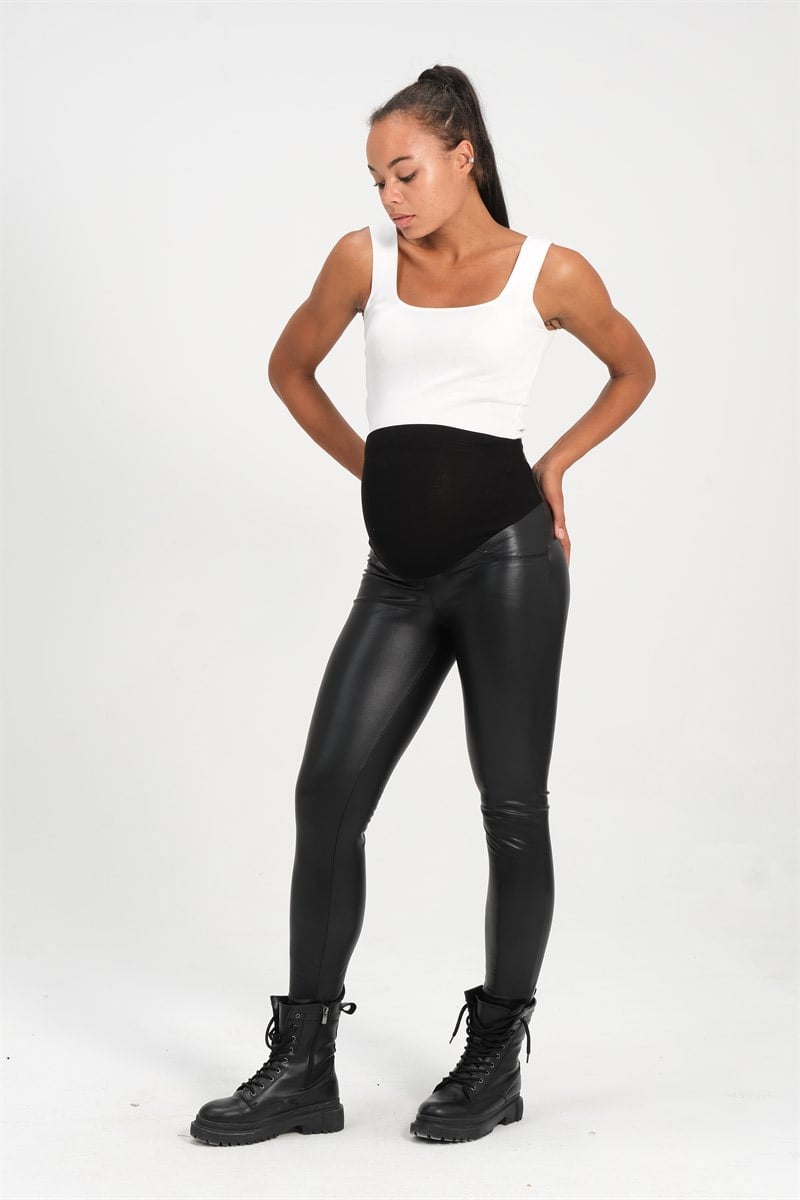 Busa Hamile Belden Ayarlı Termal Deri Tayt Siyah