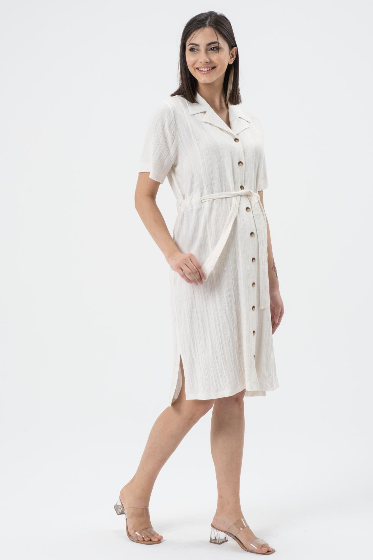 Busa Hamile Bürümcük Kumaş Kısa Kollu Kemerli Elbise Ekru