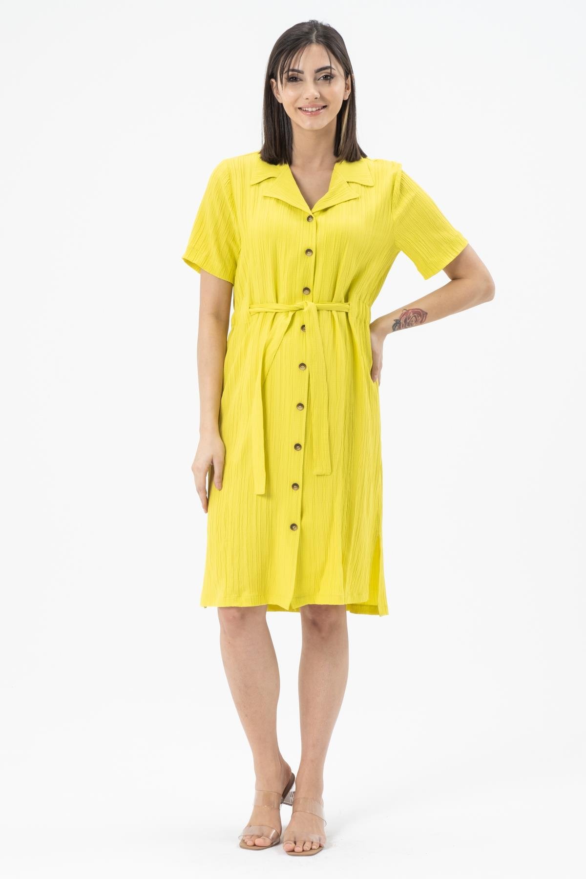 Busa Hamile Bürümcük Kumaş Kısa Kollu Kemerli Elbise Limon Yeşili