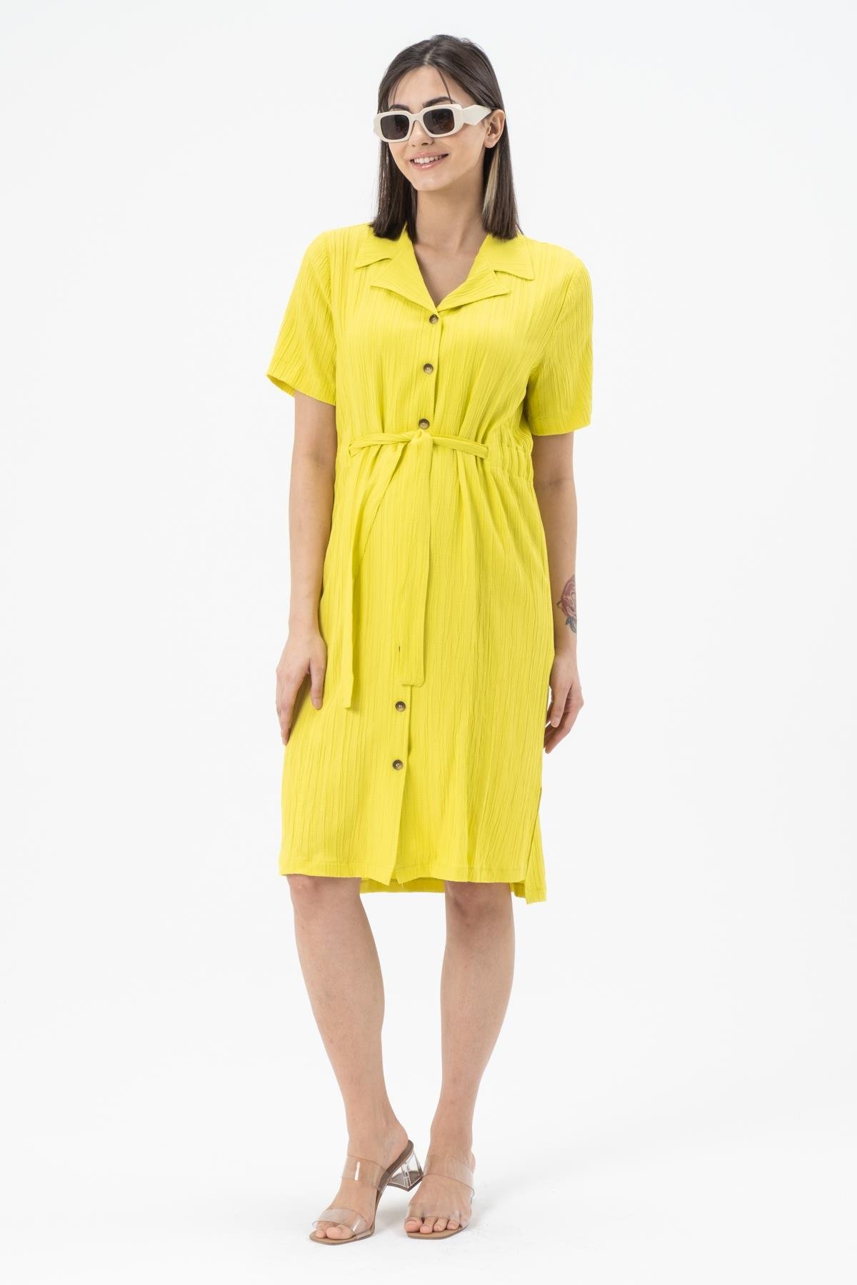 Busa Hamile Bürümcük Kumaş Kısa Kollu Kemerli Elbise Limon Yeşili