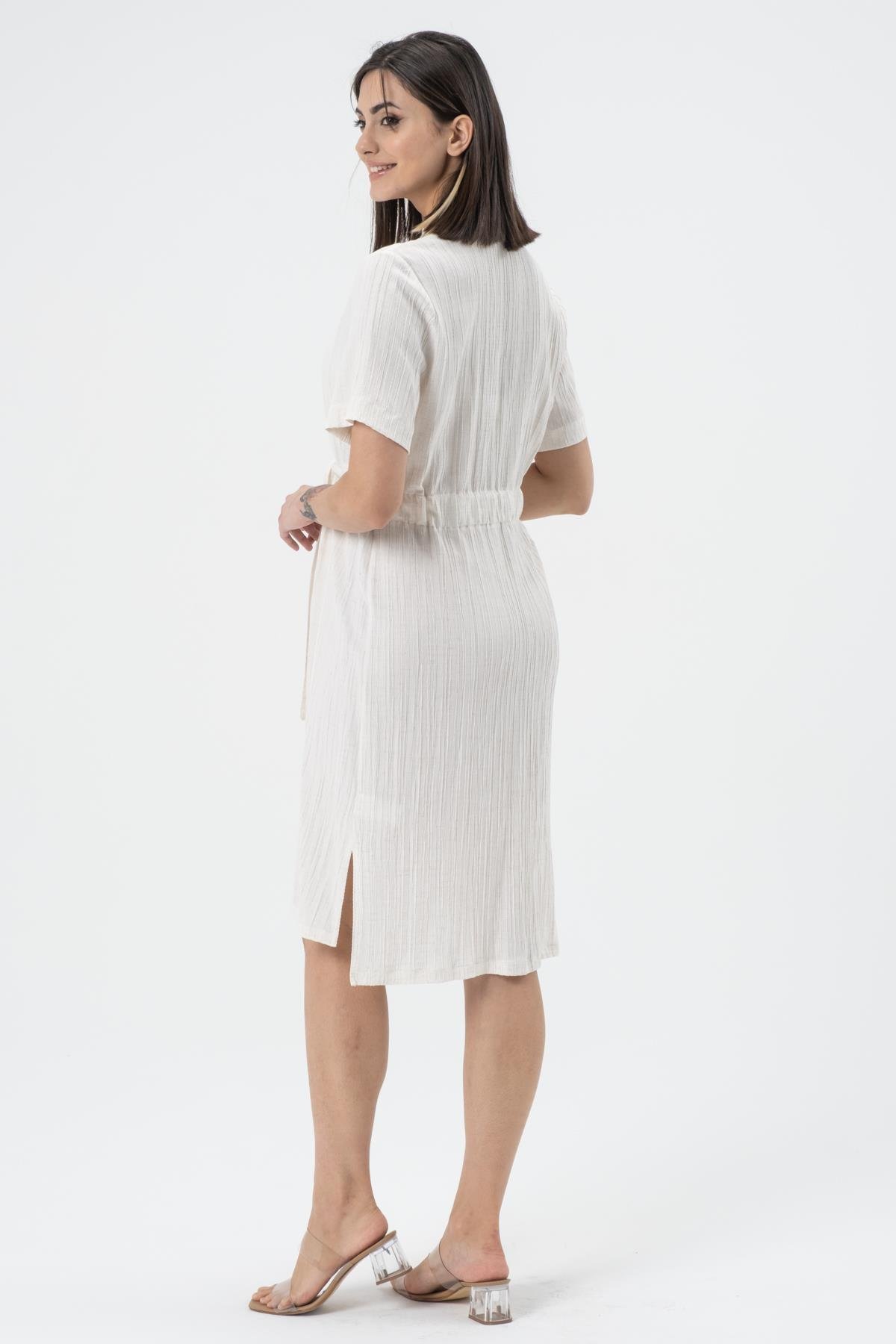 Busa Hamile Bürümcük Kumaş Kısa Kollu Kemerli Elbise Ekru