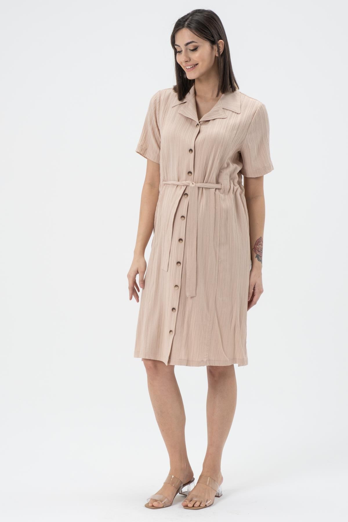 Busa Hamile Bürümcük Kumaş Kısa Kollu Kemerli Elbise Bej
