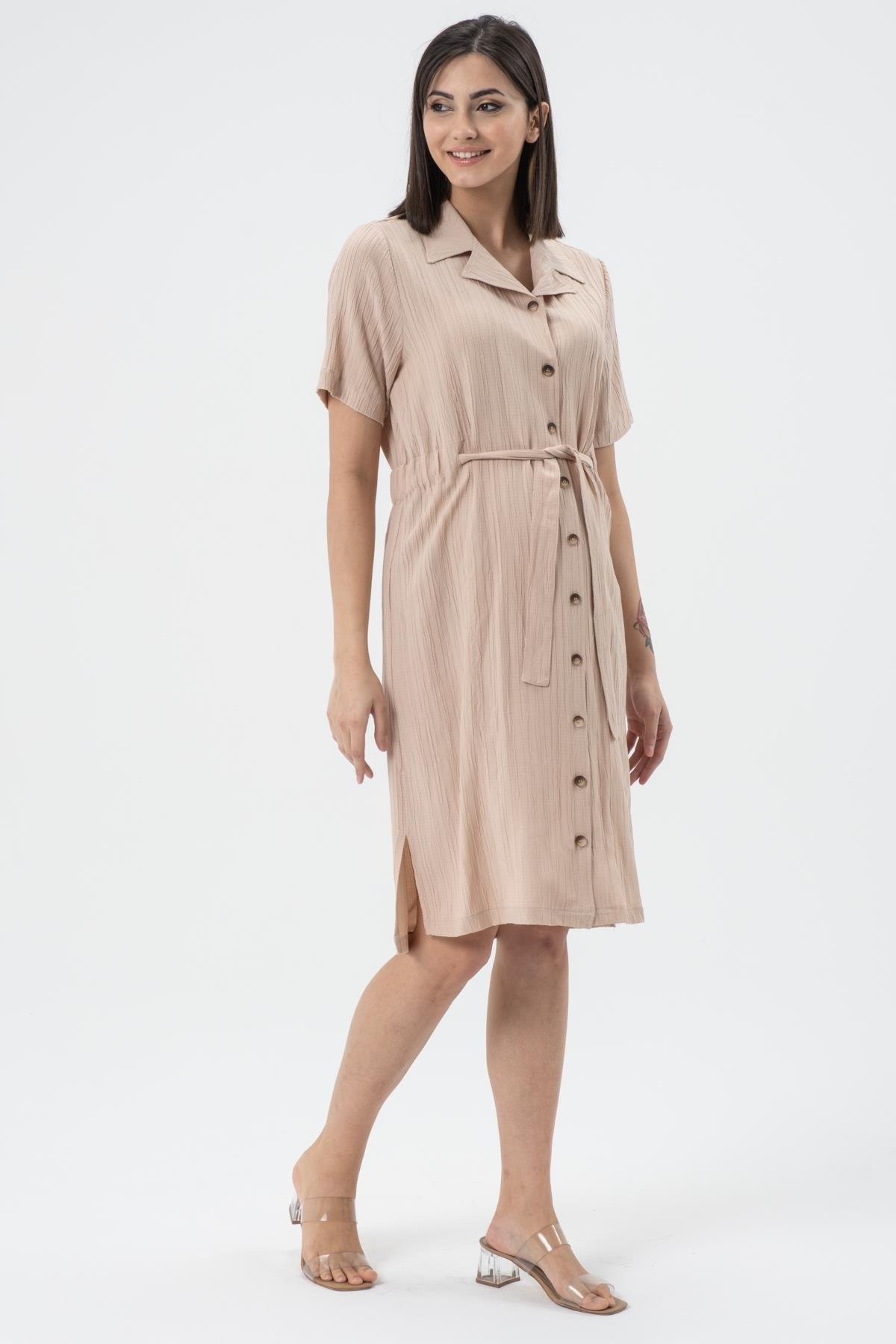 Busa Hamile Bürümcük Kumaş Kısa Kollu Kemerli Elbise Bej