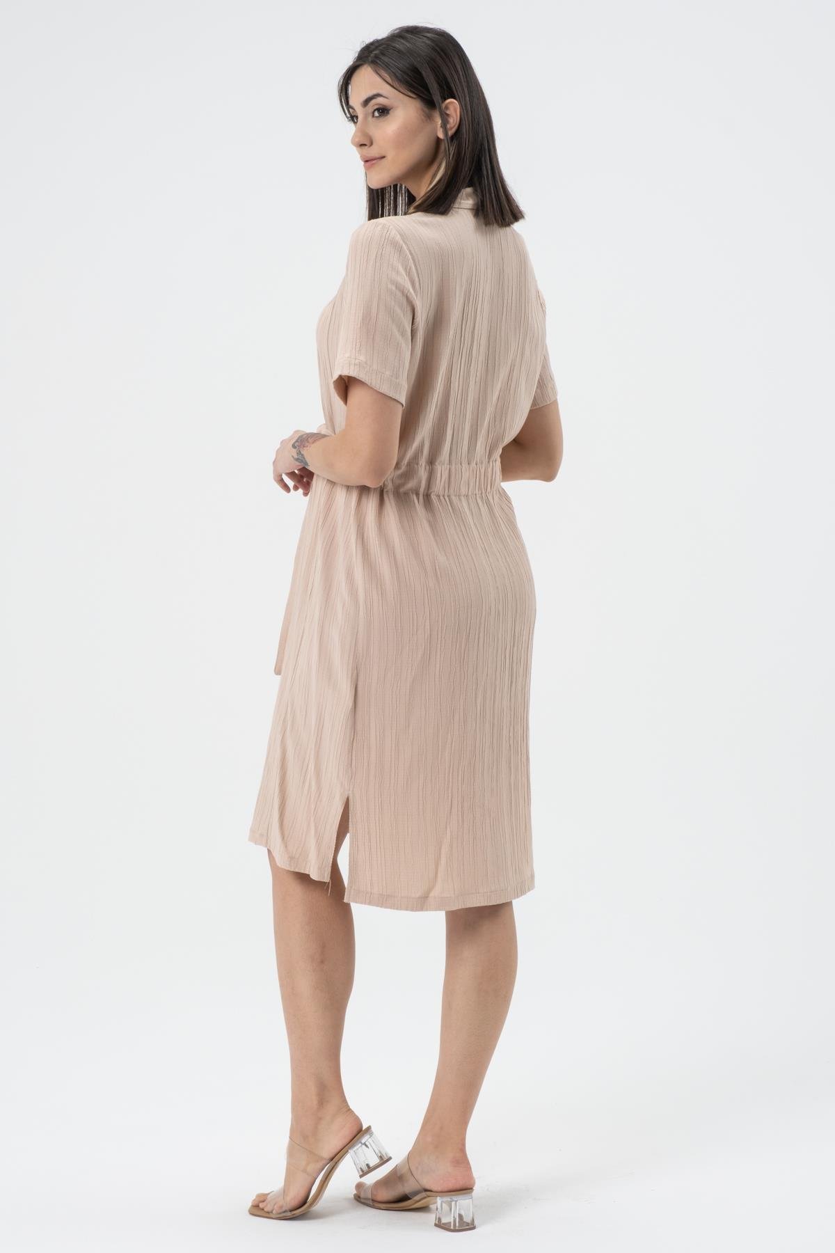 Busa Hamile Bürümcük Kumaş Kısa Kollu Kemerli Elbise Bej