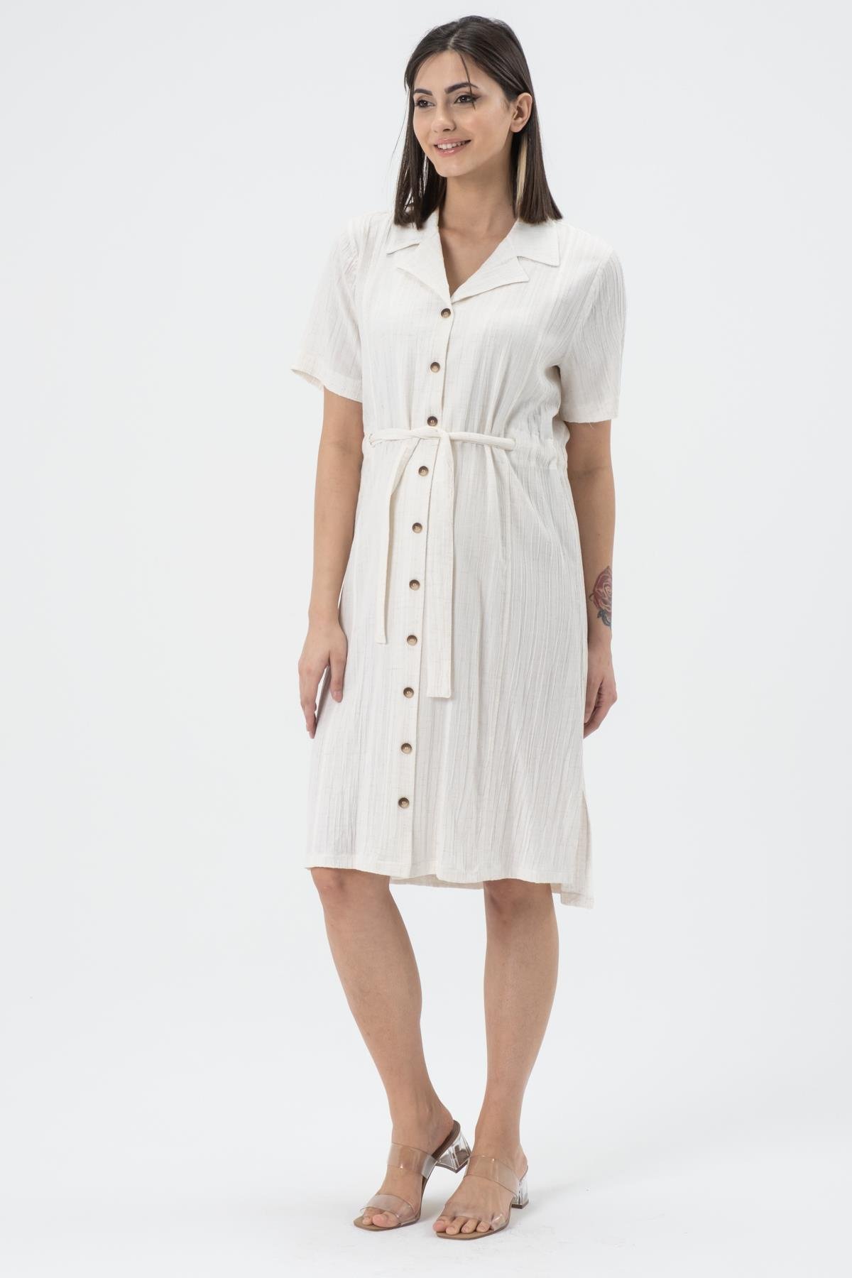 Busa Hamile Bürümcük Kumaş Kısa Kollu Kemerli Elbise Ekru