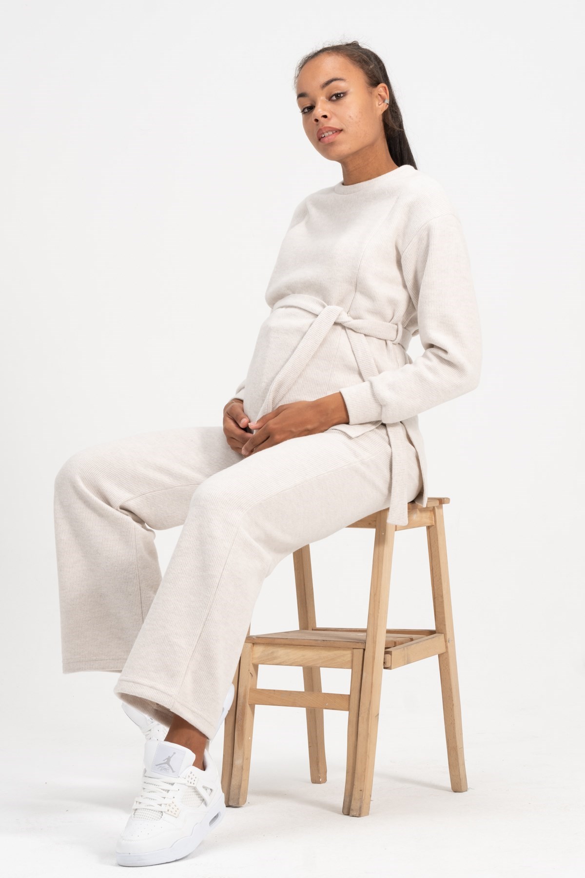 Busa Hamile Emzirme Detalı Yüksel Bel Bol Paça Triko Takım Krem