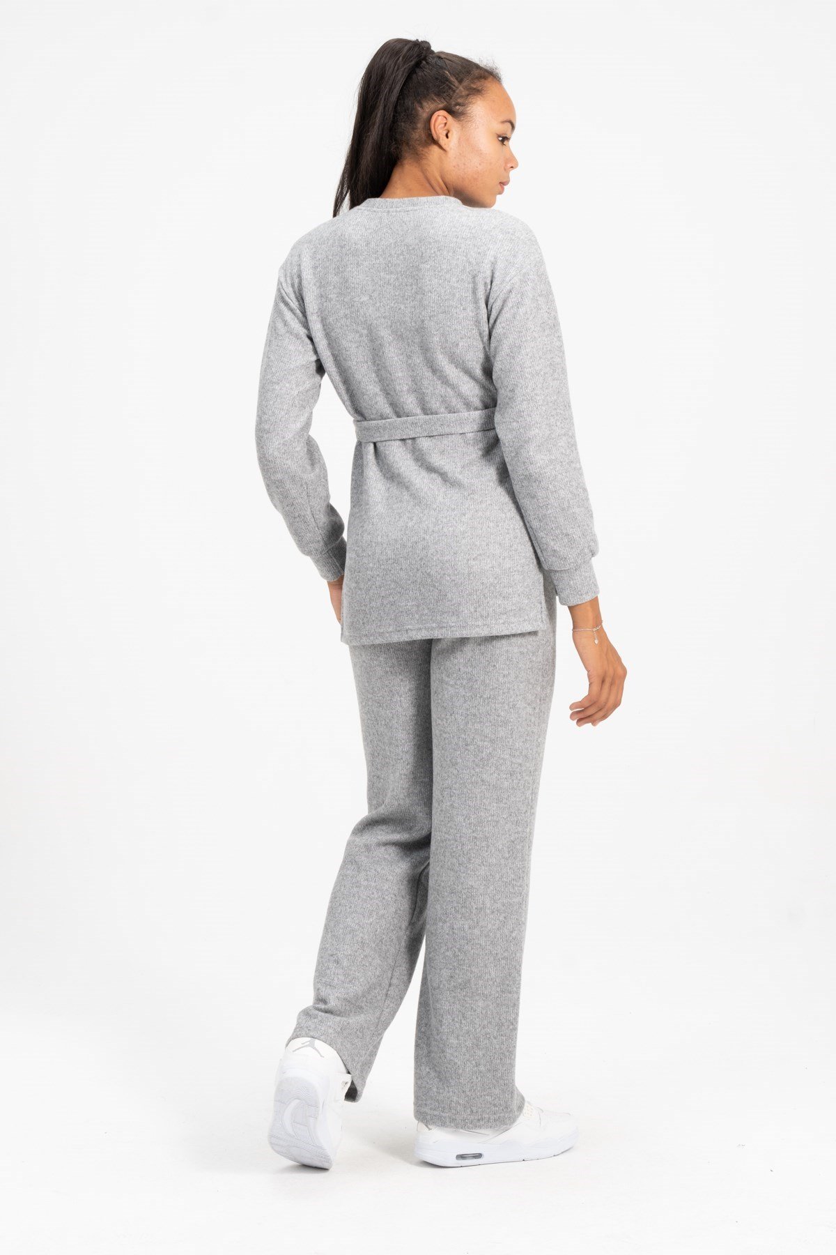 Busa Hamile Emzirme Detalı Yüksel Bel Bol Paça Triko Takım Gri