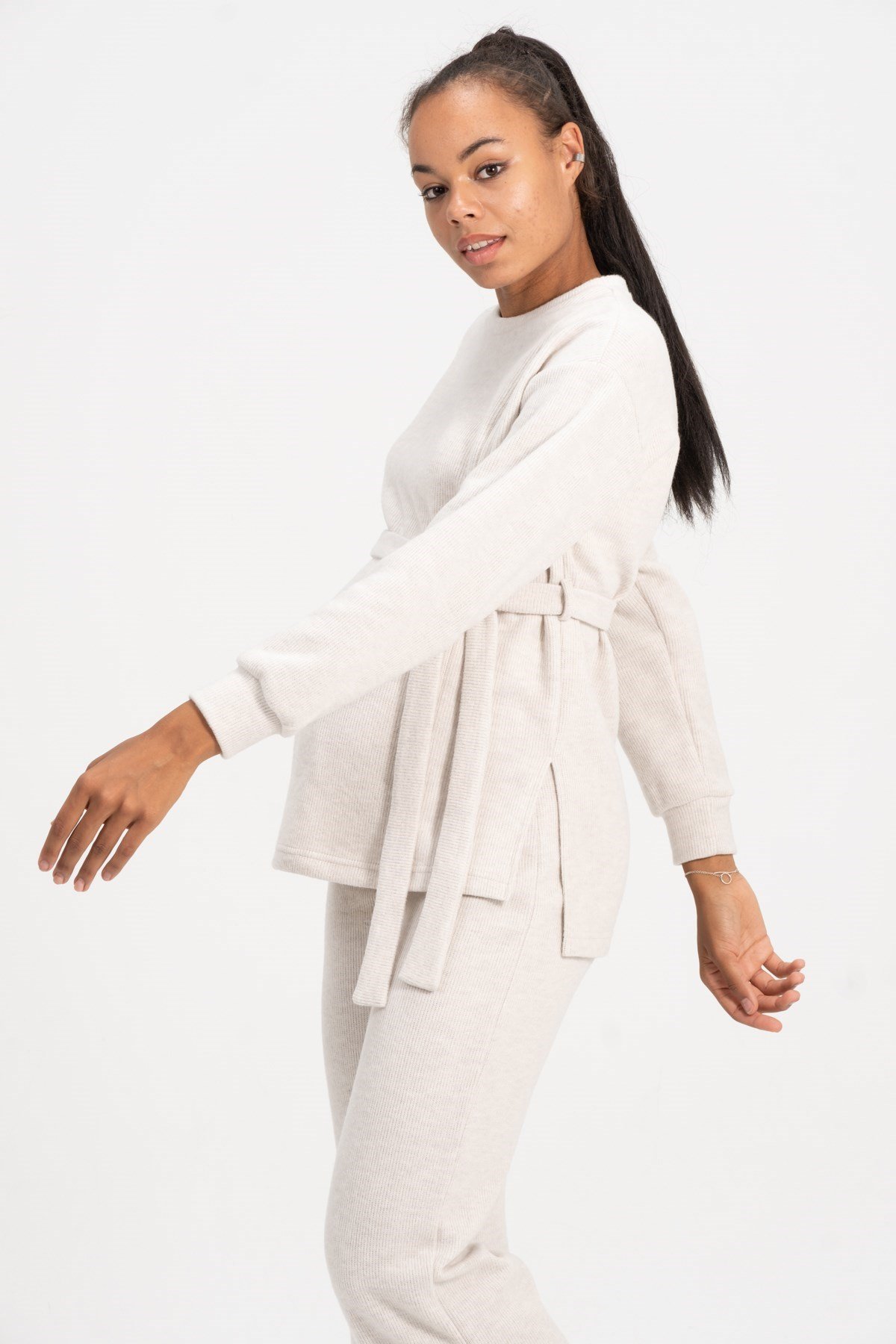 Busa Hamile Emzirme Detalı Yüksel Bel Bol Paça Triko Takım Krem