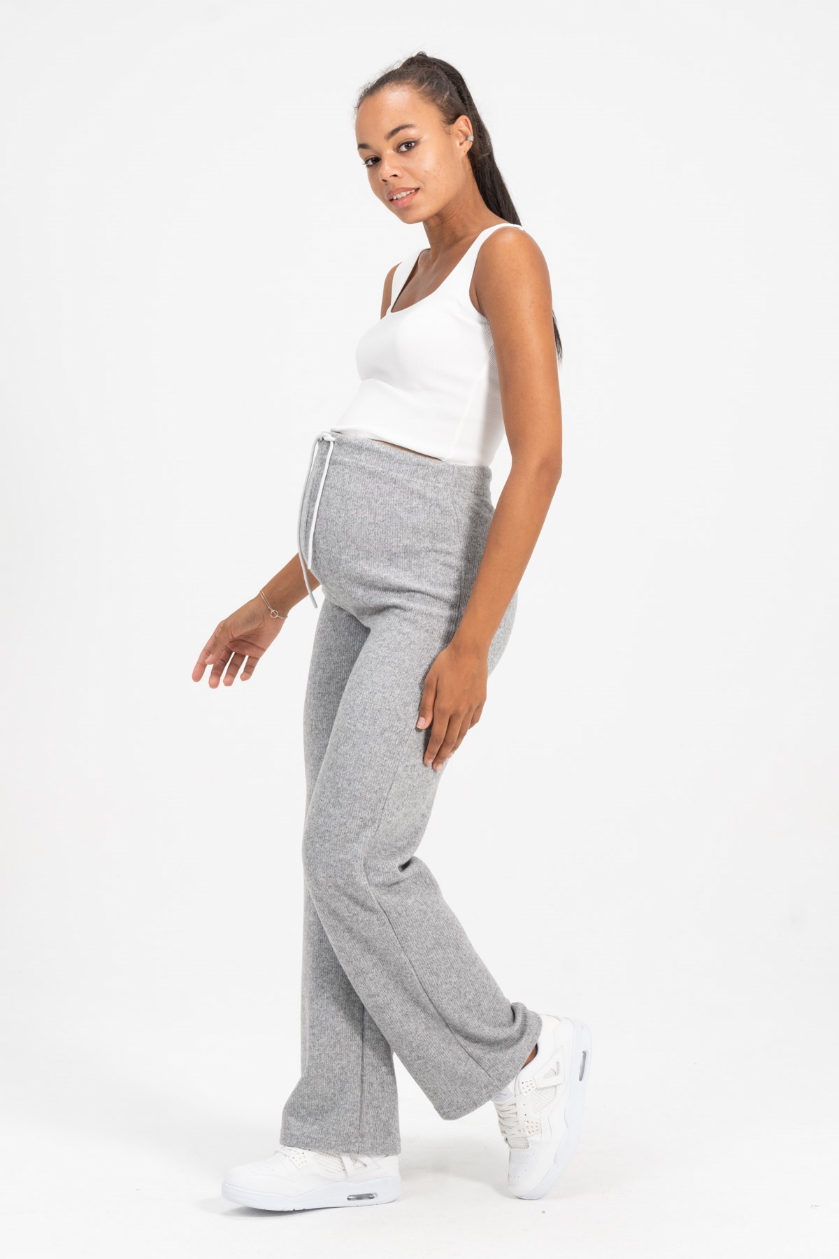 Busa Hamile Emzirme Detalı Yüksel Bel Bol Paça Triko Takım Gri