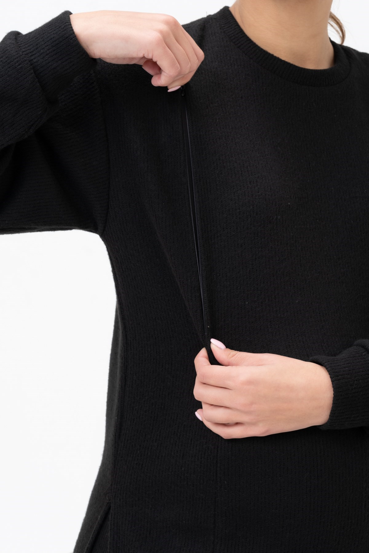 Busa Hamile Emzirme Detalı Yüksel Bel Bol Paça Triko Takım Siyah