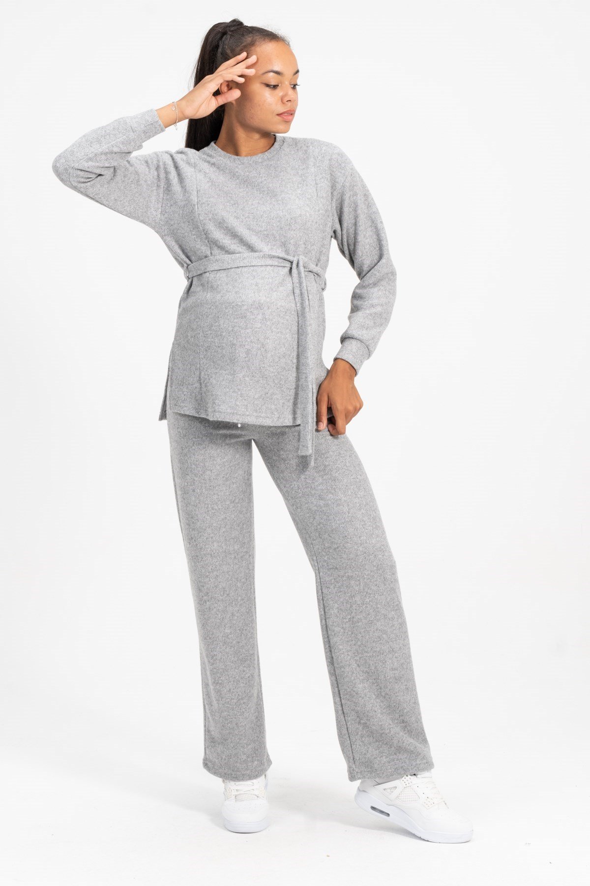 Busa Hamile Emzirme Detalı Yüksel Bel Bol Paça Triko Takım Gri