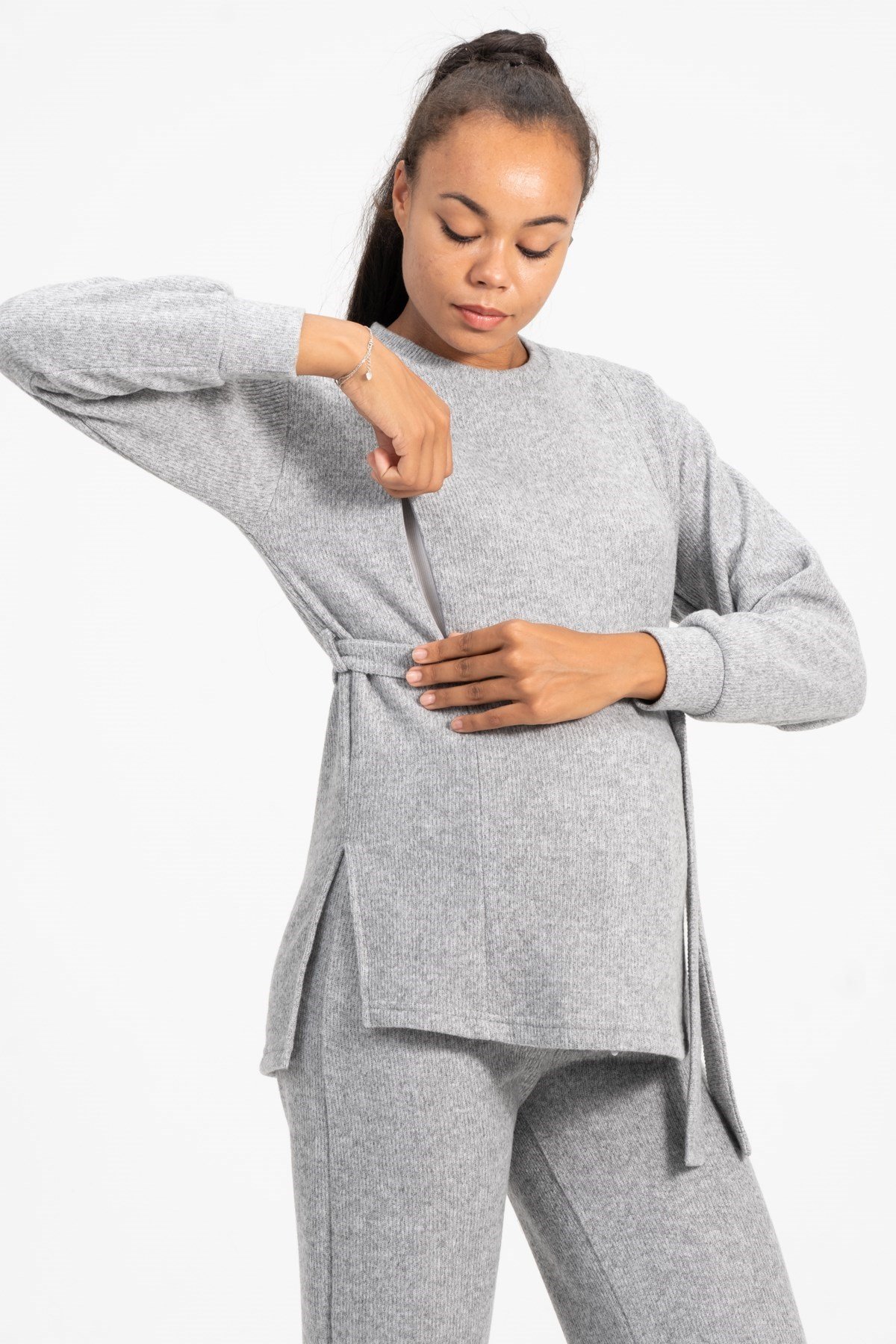 Busa Hamile Emzirme Detalı Yüksel Bel Bol Paça Triko Takım Gri