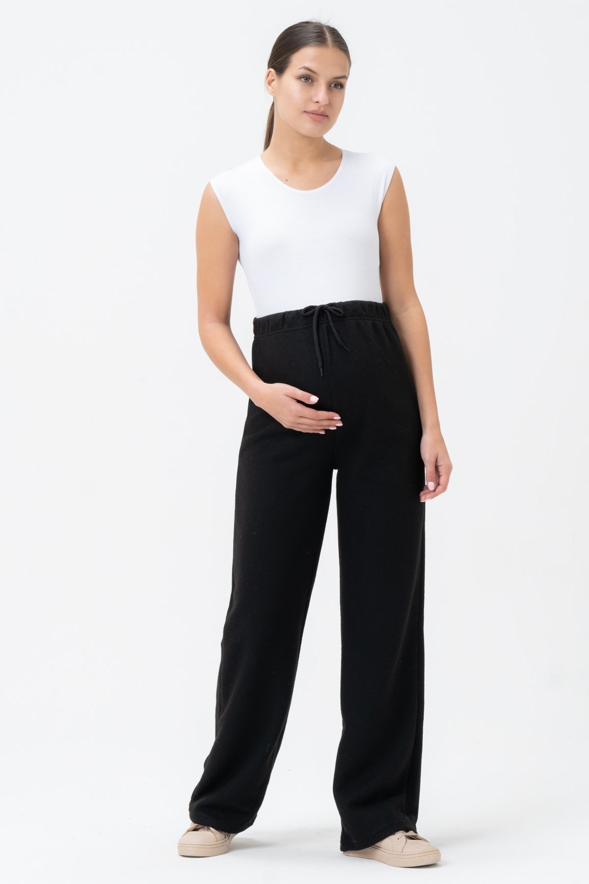 Busa Hamile Emzirme Detalı Yüksel Bel Bol Paça Triko Takım Siyah